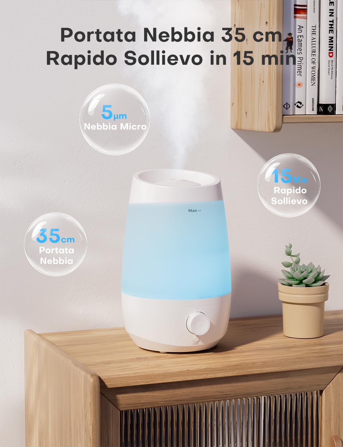 AROEVE Umidificatore Ambiente, 2,5L Umidificatore, 250 ml/h, 25H Diffusore di Oli Essenziali, Spegnimento Automatico, 25 dB Silenzioso per Neonati e Piante, Bianco