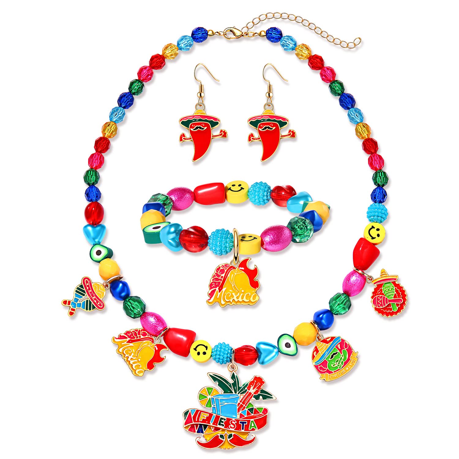 PHALINCinco De Mayo Necklace Bracelet Earrings for Women, Mexican Beaded Choker Necklace Stretch Bracelet Fiesta Chili Earrings Statement Mexican Accessory Jewelry Gifts