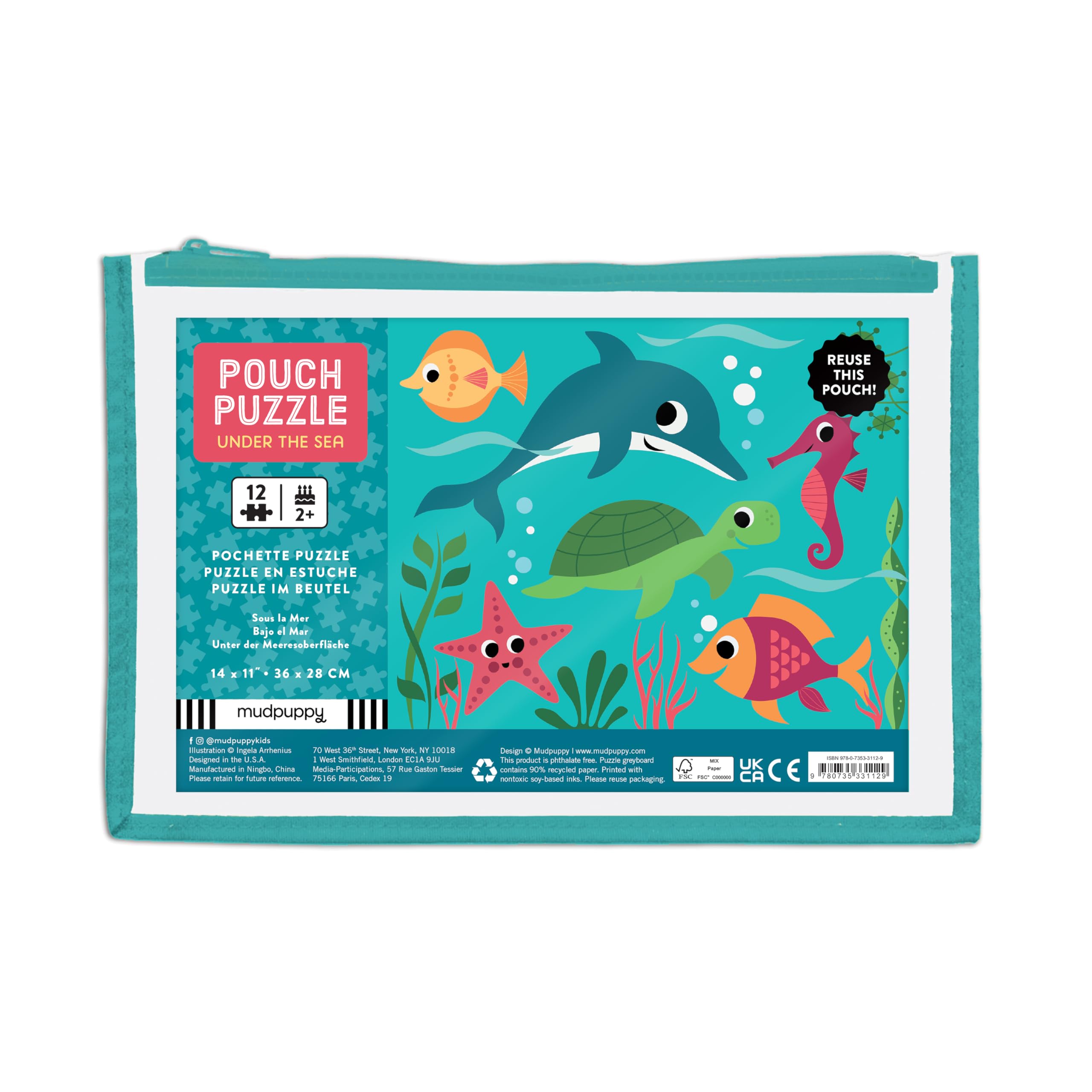 Mudpuppy Under the Sea – 12 Piece Puzzle with Reusable Zipper Pouch Featuring Colorful and Fun Illustrations of Ocean Creatures Perfect for Easy