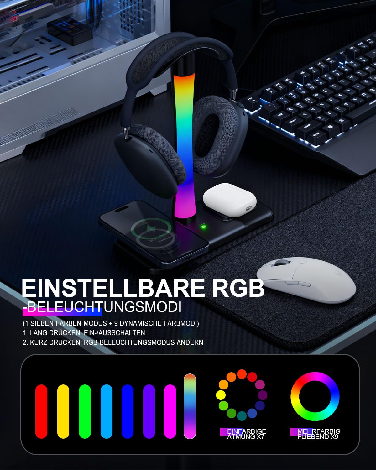Trongle 3 in 1 RGB Gaming Kopfhörer Ständer mit 15W Wireless Ladegerät, Gaming-Headset-ständer Headset Halterung Wireless Charge Kopfhörer Halter mit 1*USB 2*Typ-C 10 Lighting Effects Modes Schwarz