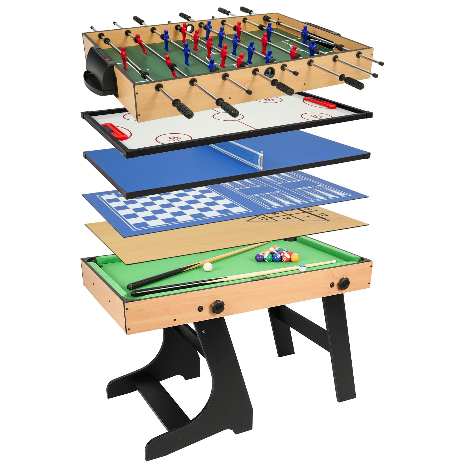 4FT Multifonction 10 en 1, Table combinée Baby-foot, Billard, Ping-pong, Hockey avec accessoires, Pieds pliables verticaux