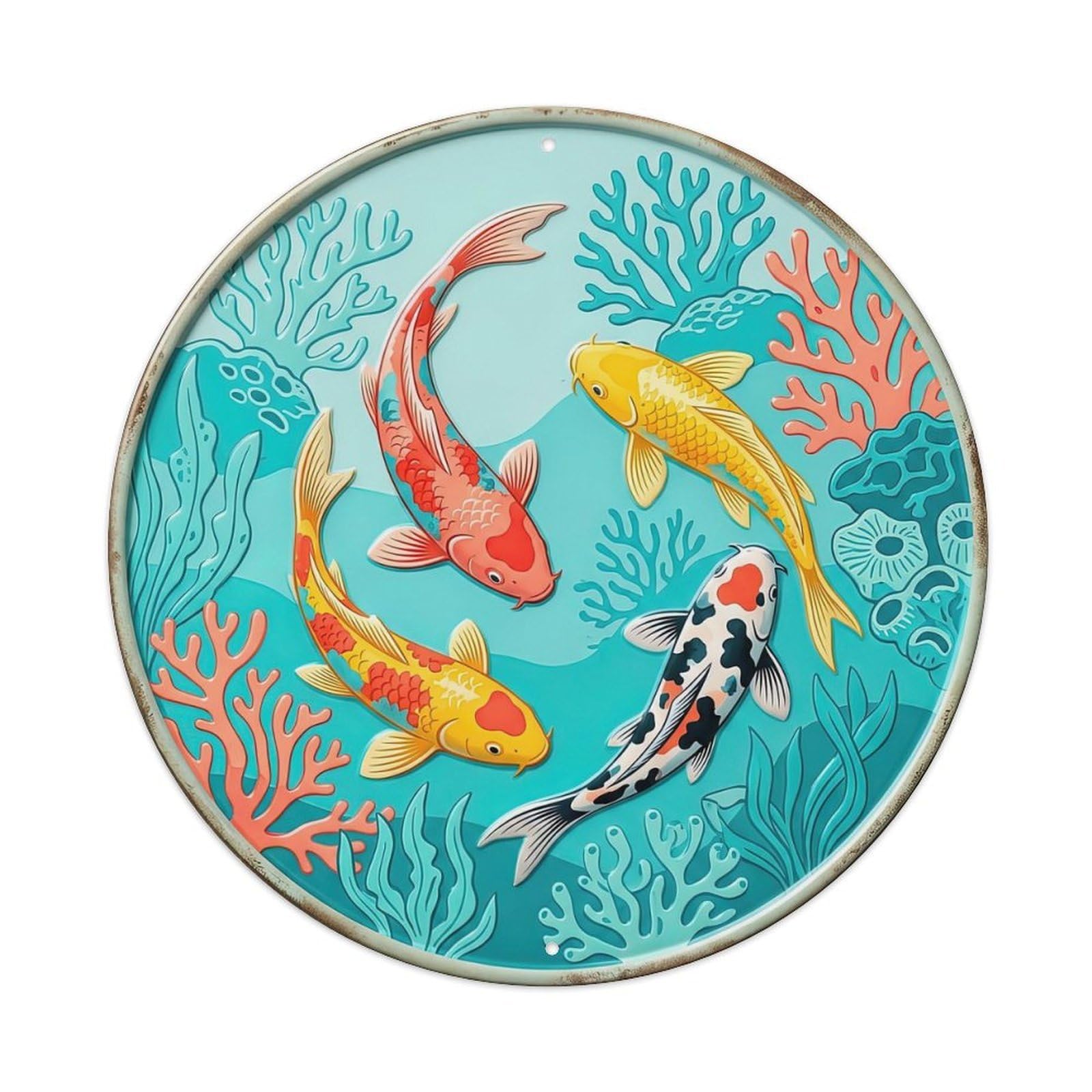 Coral Reef Dance Tropical Koi Fish Metal Tin Sign Plaque Wall Decor for Cafe, Club, Garden Round Metal Poster 8x8Inch
