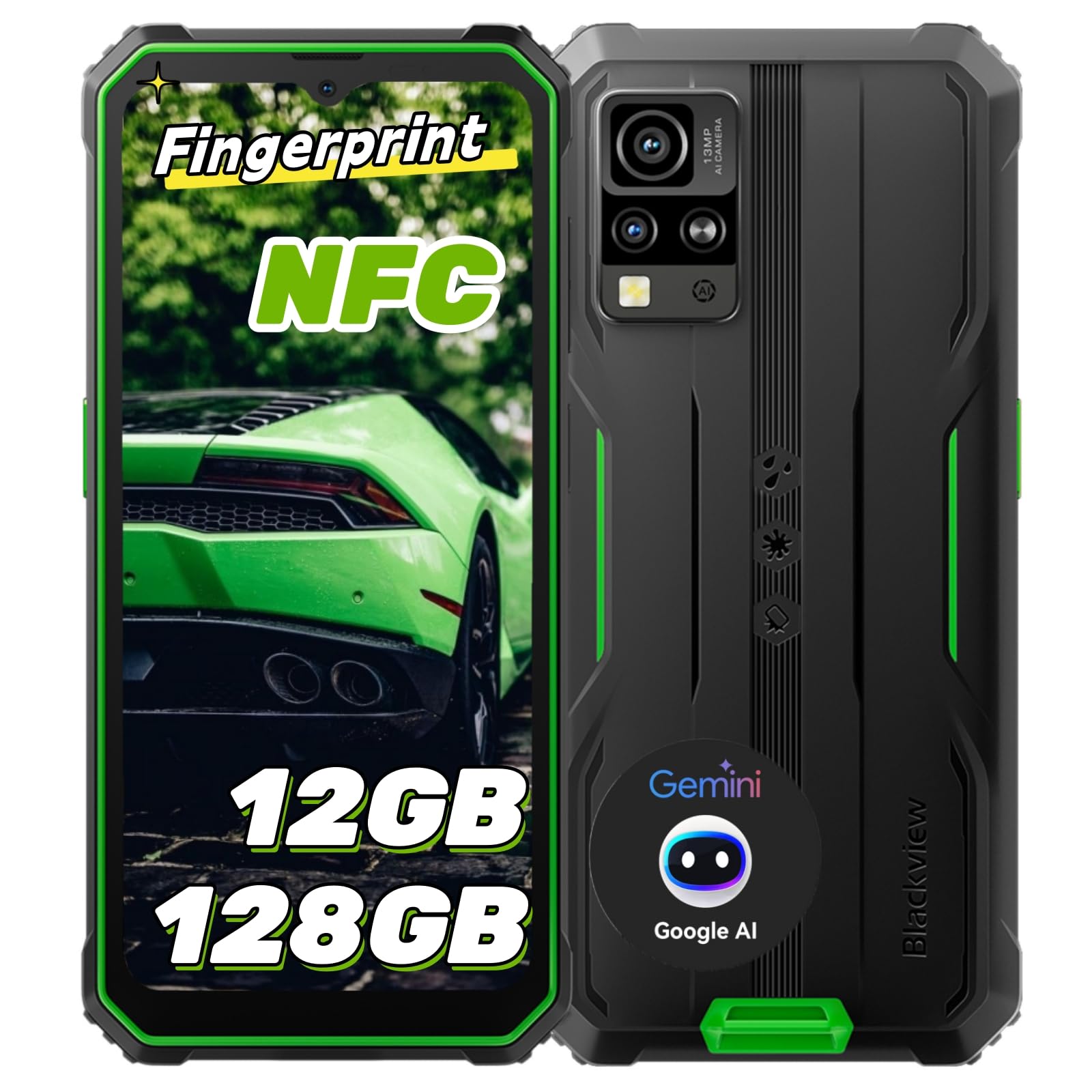 Blackview Android 14 Rugged Smartphone con Gemini AI, 12(4+8) GB+128GB/2TB Espandibile/Octa core, 6.56'' HD+ Telefono Indistruttibile NFC, Fingerprint/Face ID/Dual 4G SIM/GPS Cellulare Robusto/IP69K