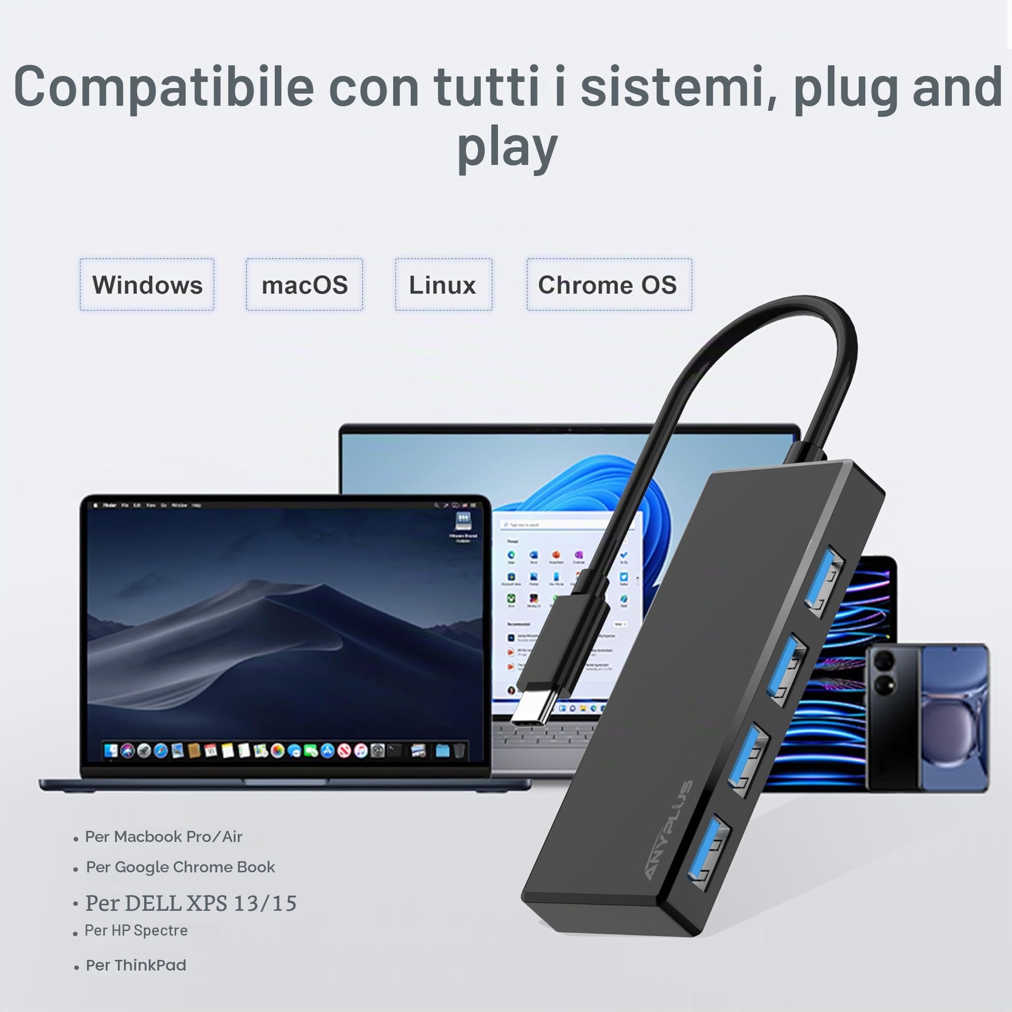 USB C Hub, 4 Ports USB 3.0 Hub Splitter with 5Gbps Data Transfer, USB C Splitter for Type C MacBook, Mac Pro, iMac, Surface, XPS, Flash Drive, Mobile HDD