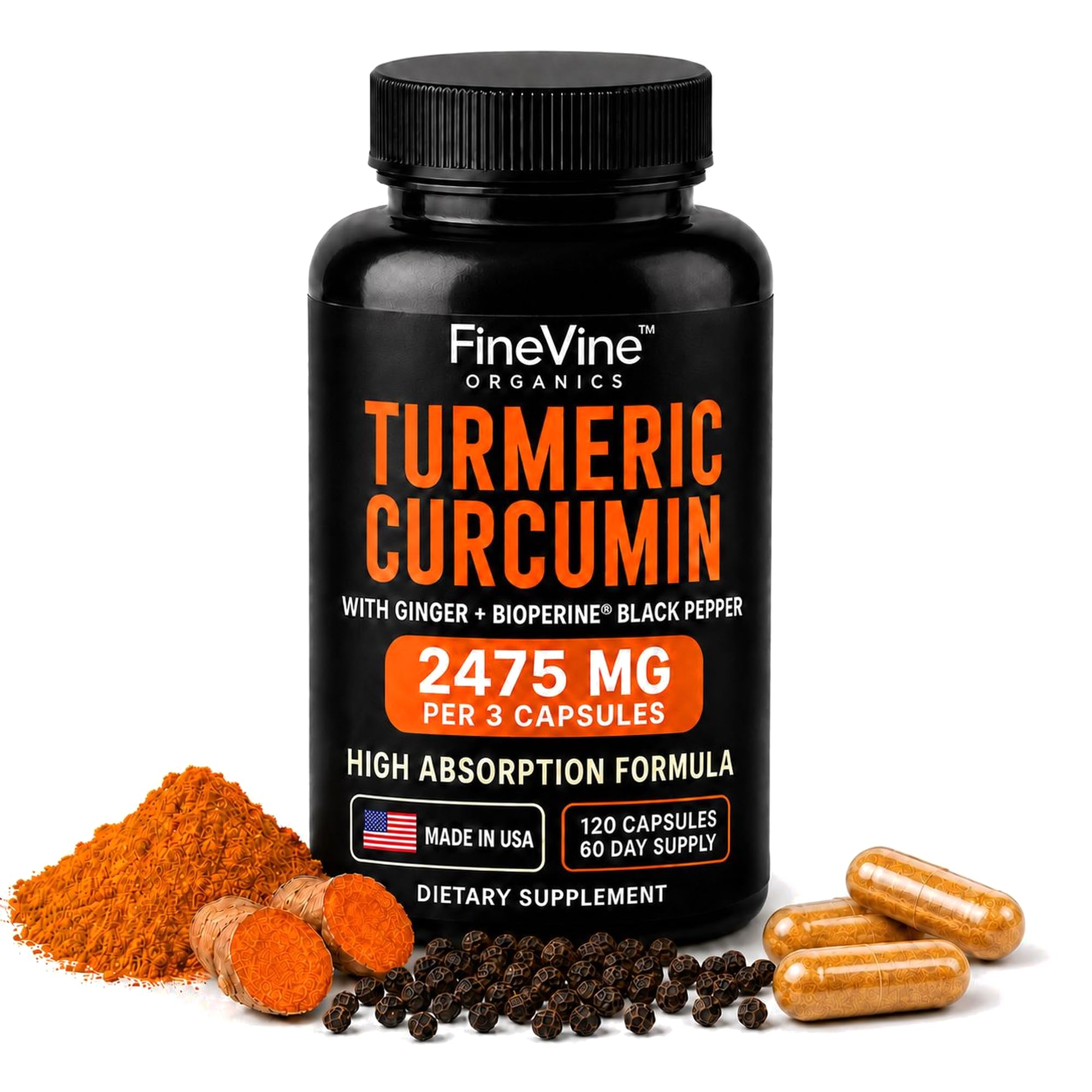 Turmeric Curcumin Supplement with Black Pepper & Ginger, 1650mg, 120ct 120 Count (Pack of 1)