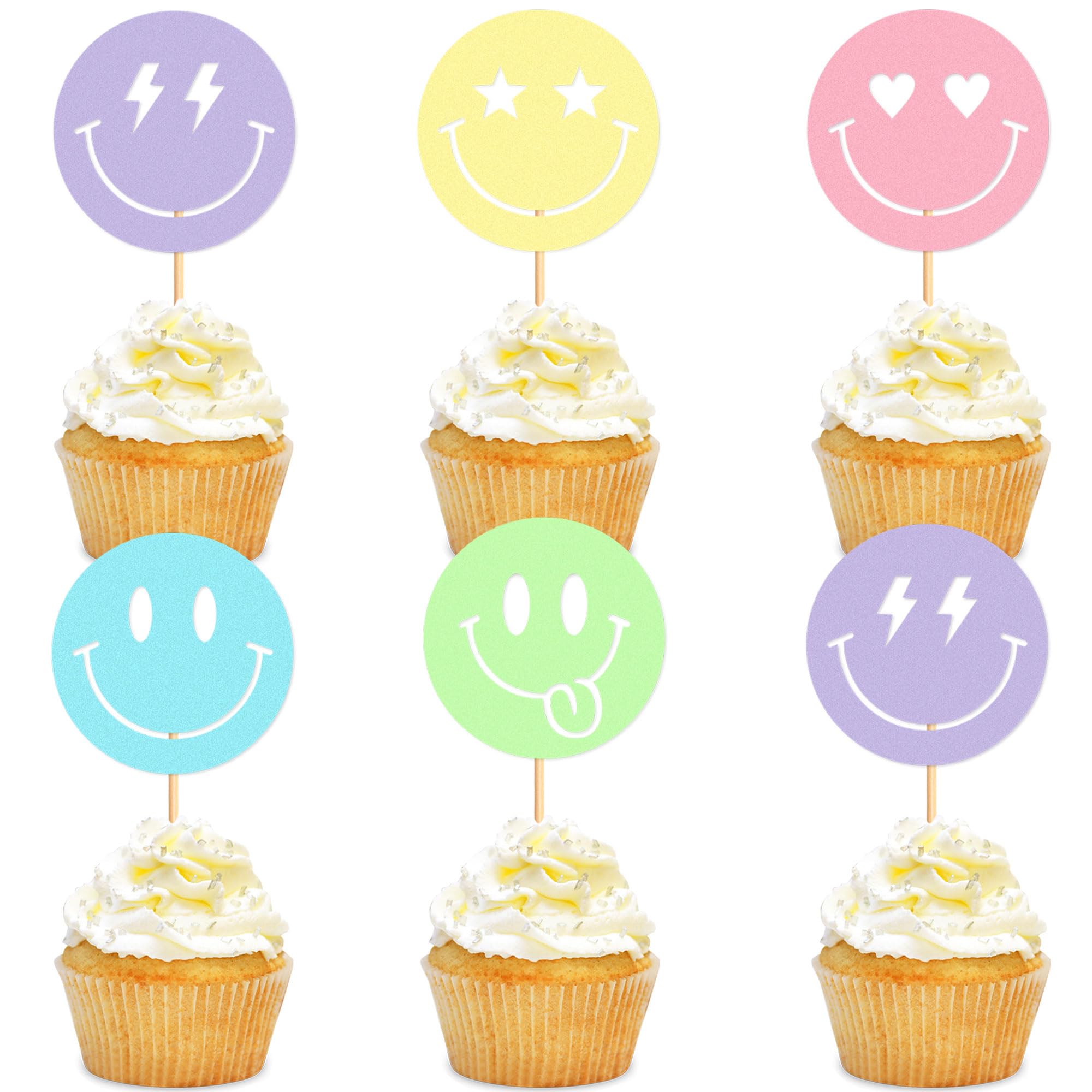 Blumomon 30Pcs Smile Face Cupcake Toppers, Preppy Y2K Theme Cupcake Picks, Birthday Party Decorations Supplies for Party Cake Decor