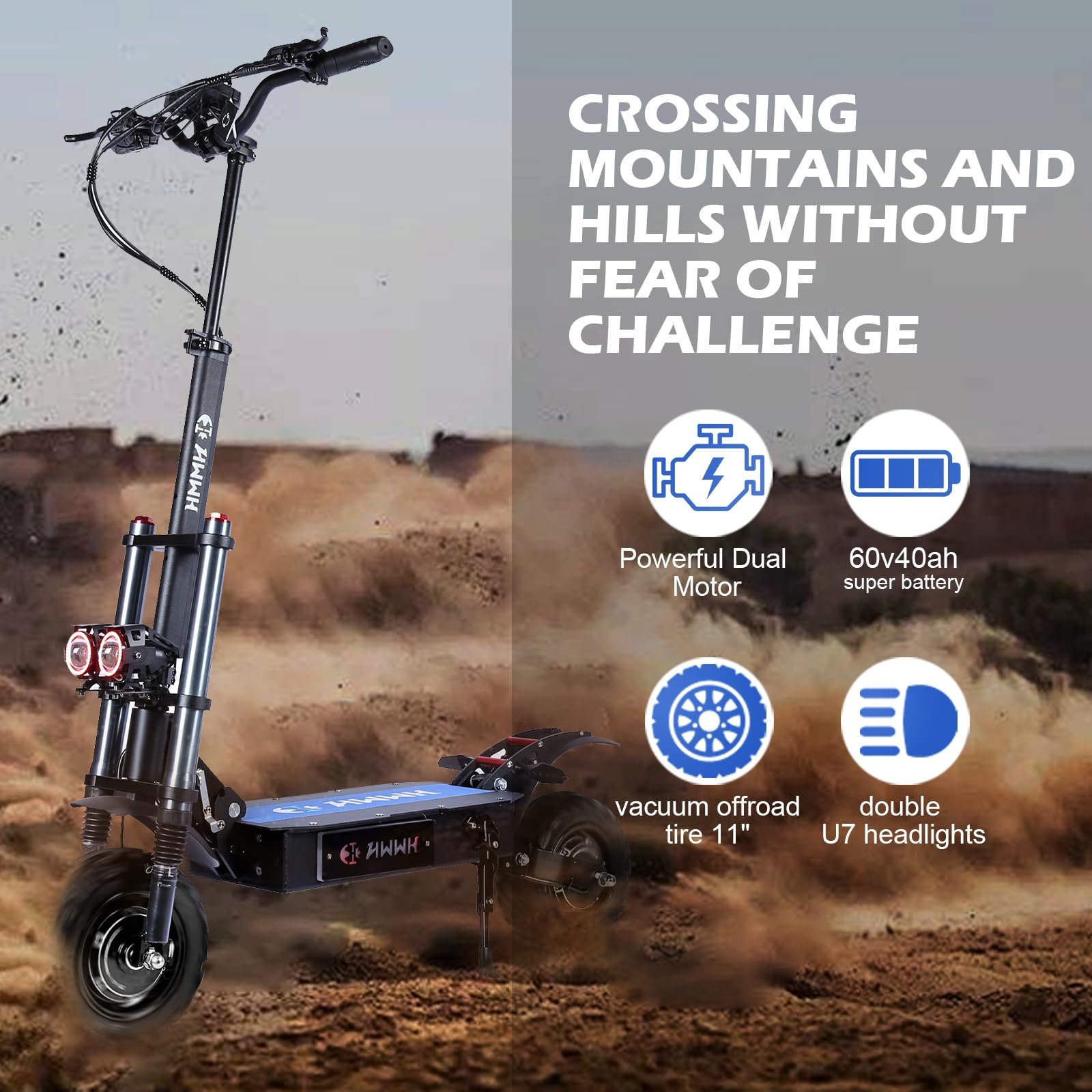 HWWH Patinete Electrico Todoterreno Adultos Scooter Eléctrico Plegable Doble Motor Arranque NFC, Acelerador Rotatorio 11 Pulgadas Neumáticos Todoterreno 60V/40AH Batería de Litio 120 km Duración