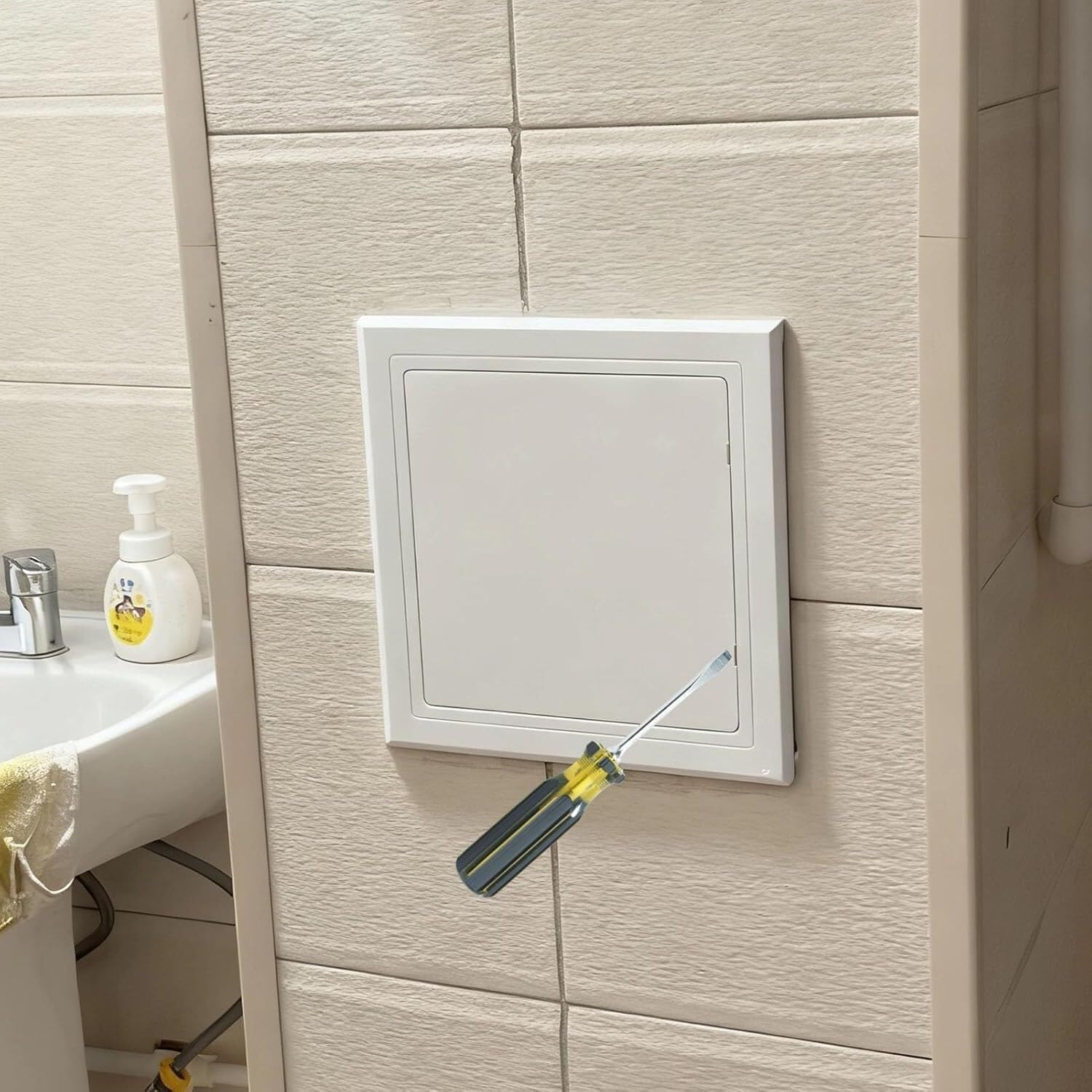 Kanduo One Color Plumbing Access Door Access Panel Bathroom Plastic Access Panel Self-Adhesive, Screw Open Plumbing Inspection Door Service Shaft Hatch(200X200mm/7.8X7.8in)