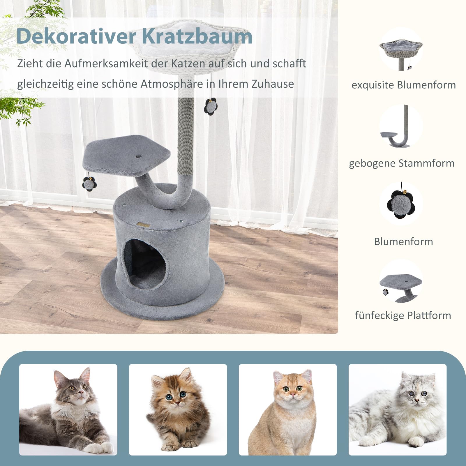 COSTWAY Drapak, wysokość 106 cm, drzewko dla kota z jaskinią dla kota i 2 powierzchnią do leżenia i 2 piłkami, drzewko do wspinaczki z zakrzywioną metalową ramą, drapak dla kota, drewniany drapak dla