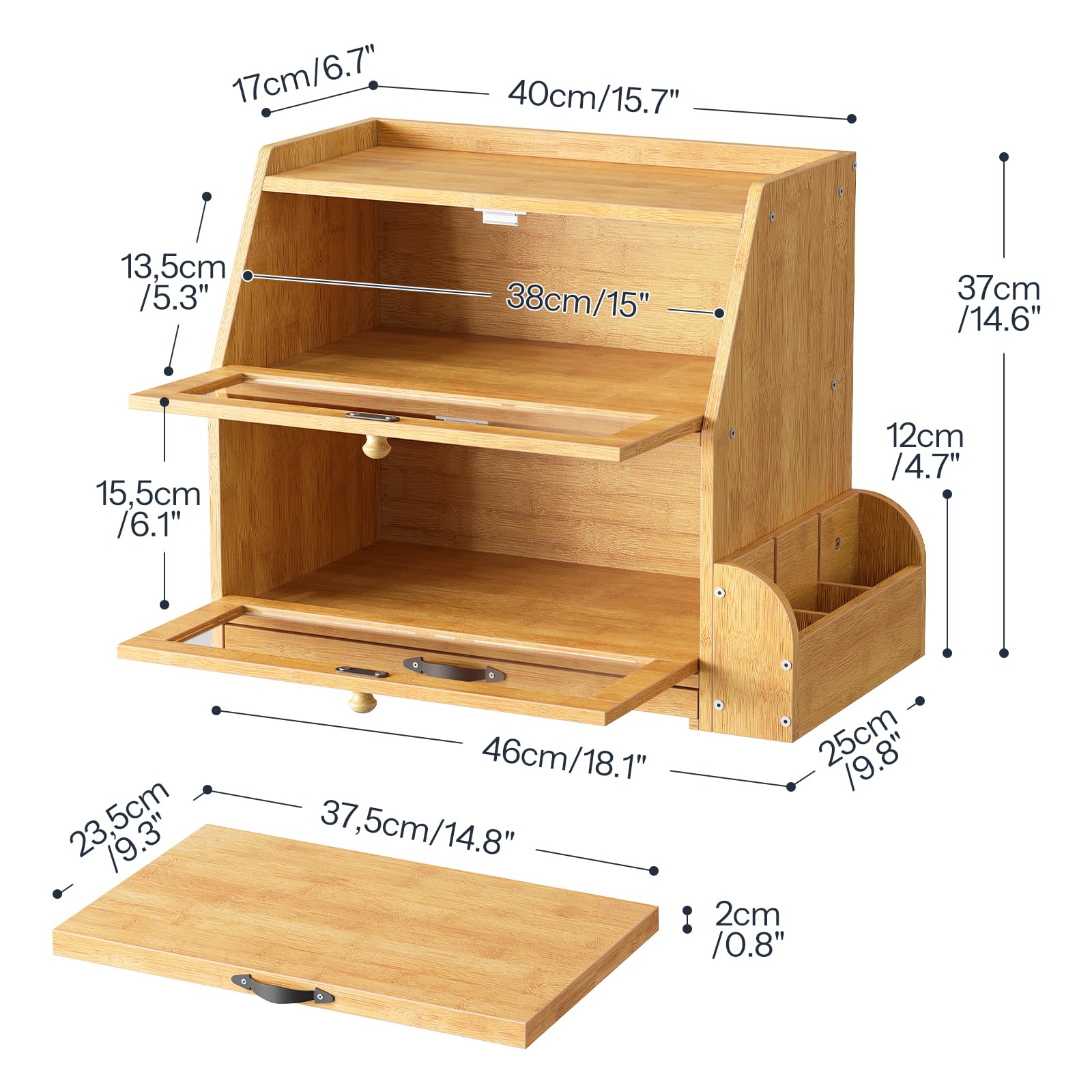 HOOBRO Panera de Bambú con 2 Compartimentos, Tabla de Cortar y Cubertero, Panera con Puertas Acrílicas Transparentes, para Cocina y Comedor, Bambú Natural EYL23MB01