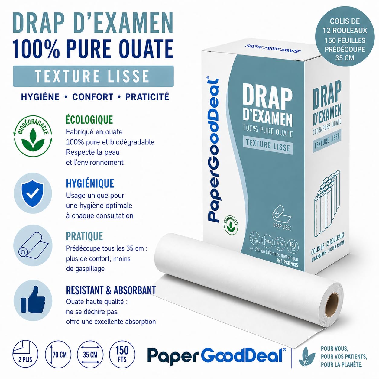 12 Rouleaux grande largeur 70x35cm draps d'examen de qualité professionnelle 100% pure ouate pour table medical massage ésthétique ostéopathe esthéticienne thérapie gynécologie pédiatrie médical