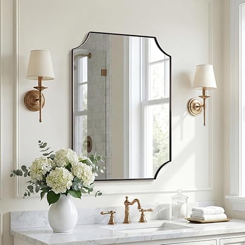 ANDY STAR Espejo de bronce de 22 x 30 pulgadas, espejo de baño festoneado de bronce cepillado, espejo de pared rectangular en marco fino de metal de