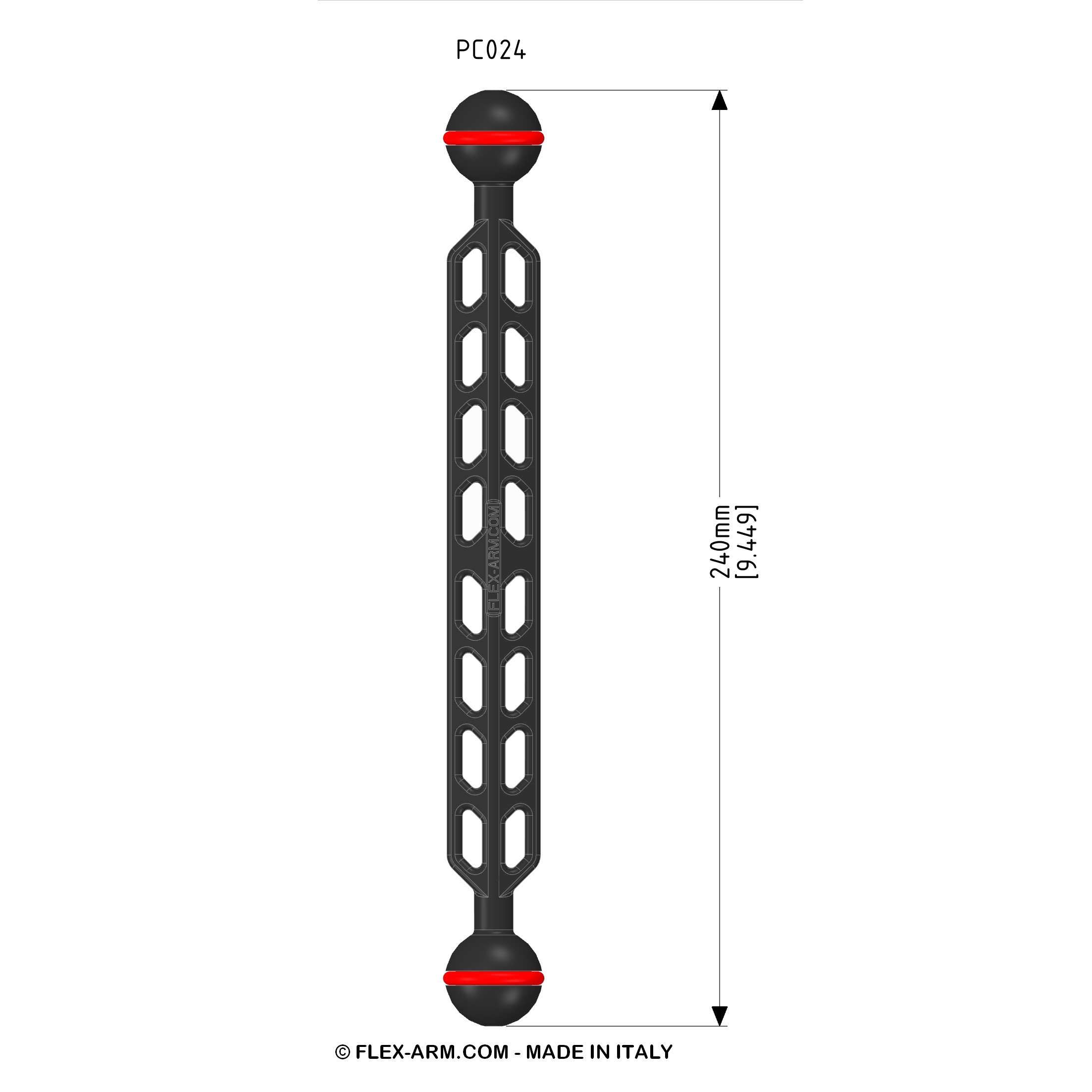 Unterwasser Kugelarm mit Kugeln 25 mm Länge 24 cm Arme für Unterwasserfotografie FLEX-ARM PC024