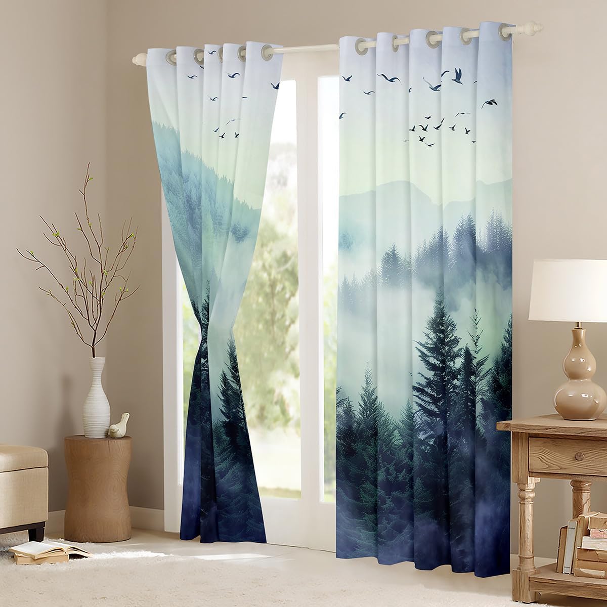 Erosebridal Blue Green Mountain Window Curtains Nature Forest Blackout Curtains Nature Misty Botanical Trees Window Treatments Drapes for Bedroom 2 Panels,38X45 Inch