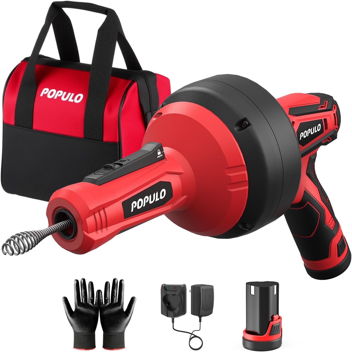 POPULO 12V Cordless Electric Drain Auger