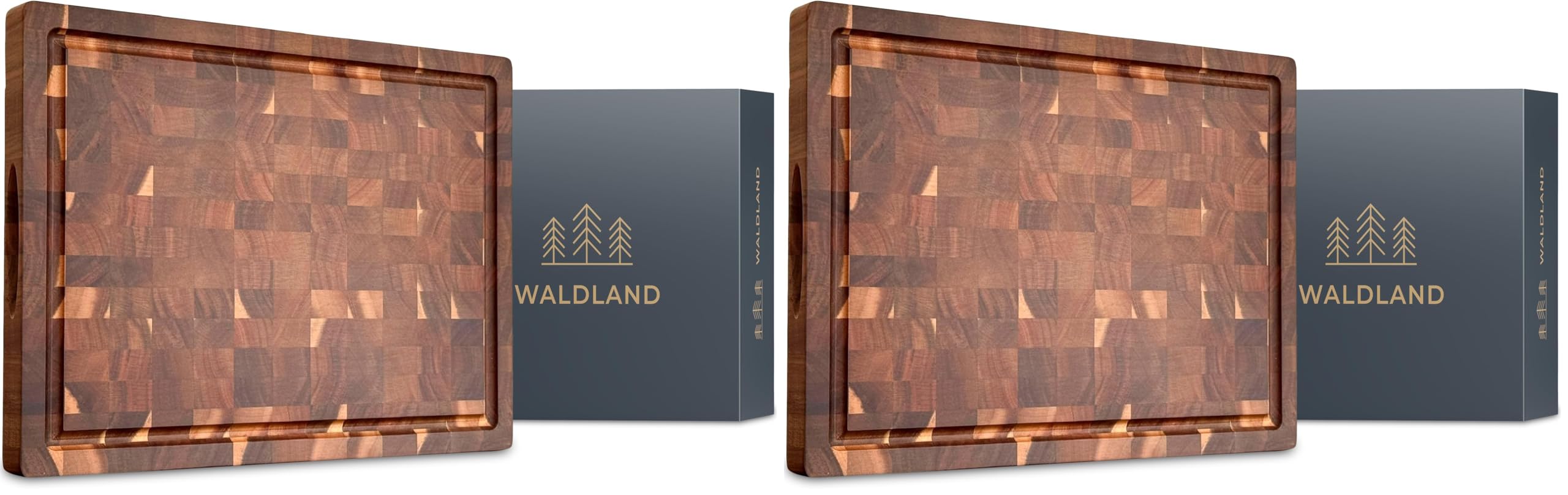 WALDLAND Premium Schneidebrett Holz Groß 40 x 30 x 3 cm I aus robustem Akazienholz I Holzbrett Küche I dickes Schneidebrett mit Saftrille I Stirnholz I Hirnholz (Packung mit 2)