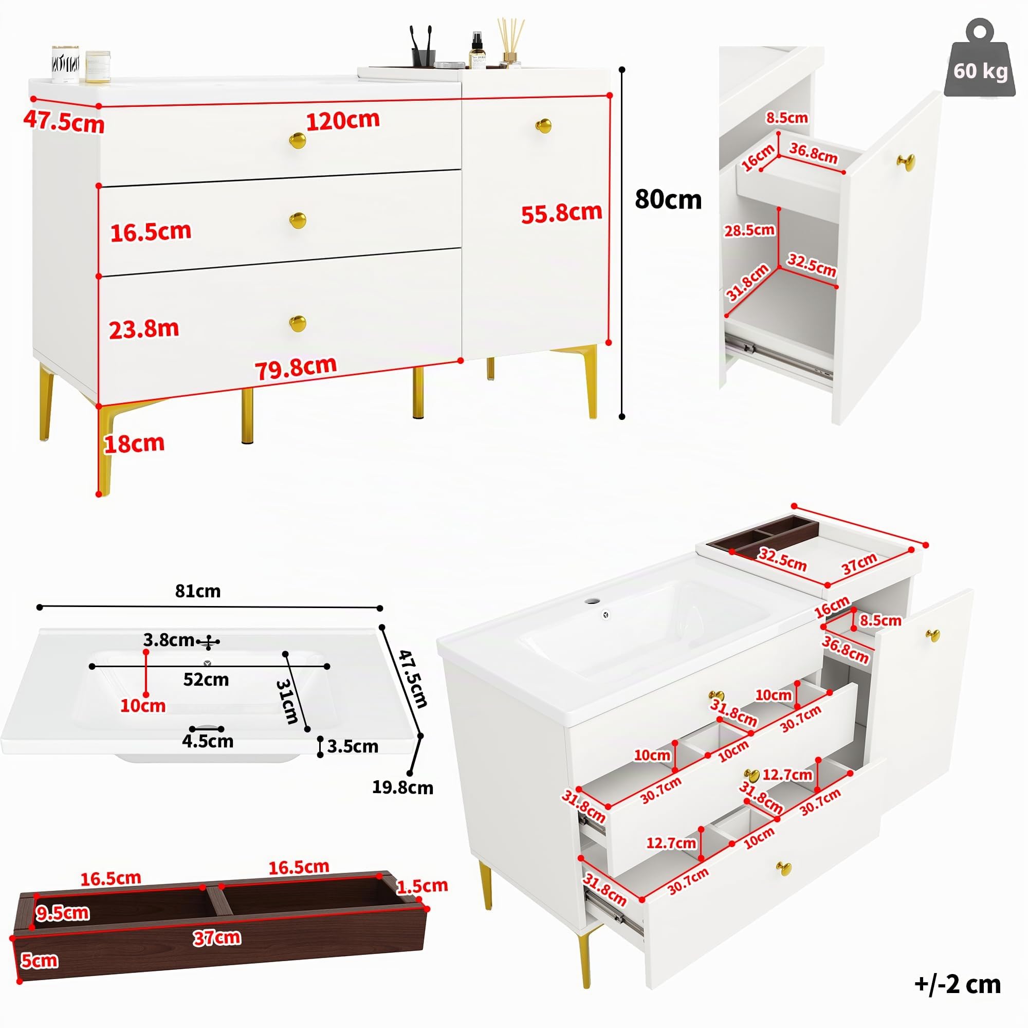 SUKY Armadietto da bagno con lavabo in ceramica, mobiletto da bagno con cassetti e armadio, moderno mobile da bagno, 120 x 47,5 x 80 cm, bianco con oro