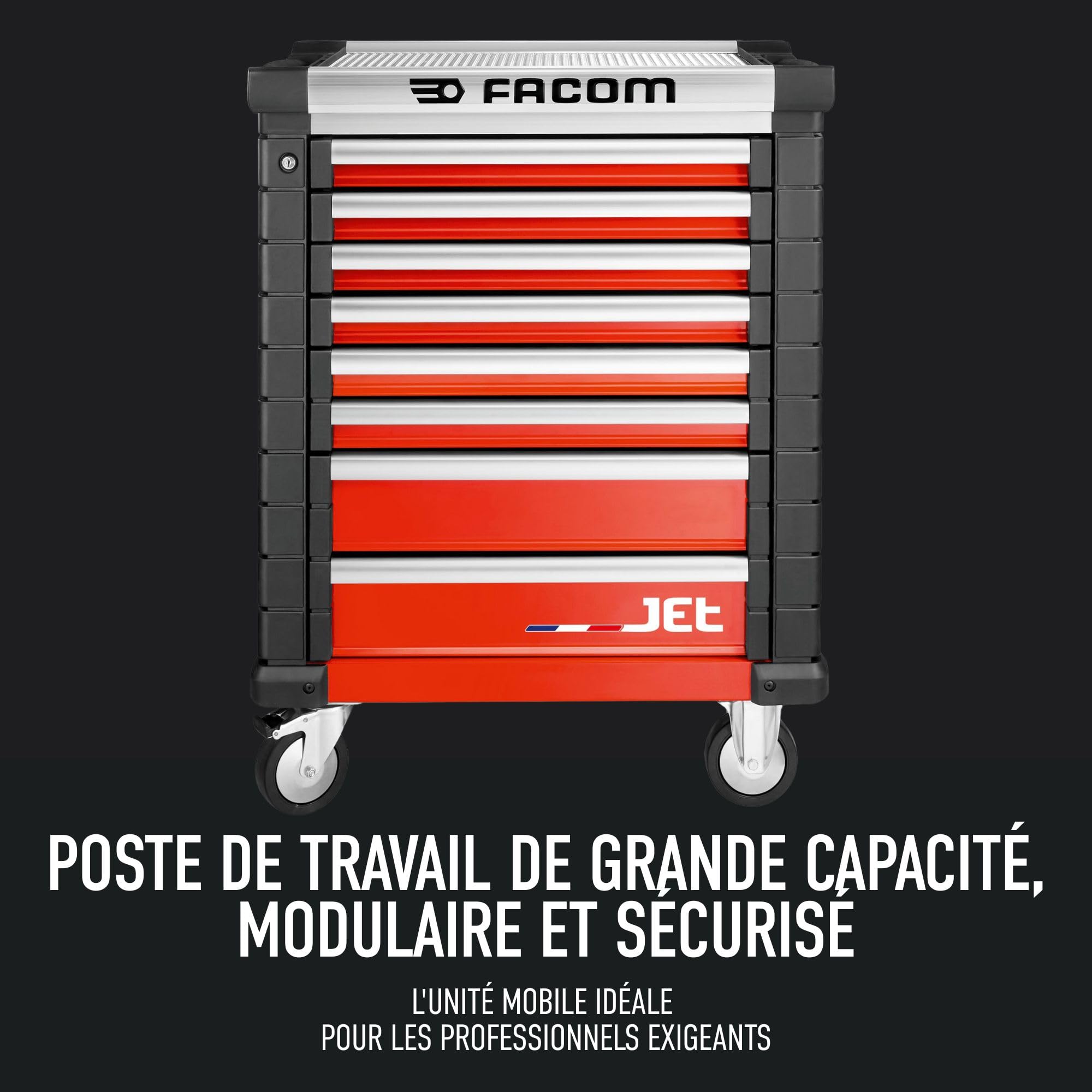 FACOM Servante Roulante, 8 Tiroirs, 24 Modules, Plan de Travail XL, avec Serrure Centrale, JET.8M3A