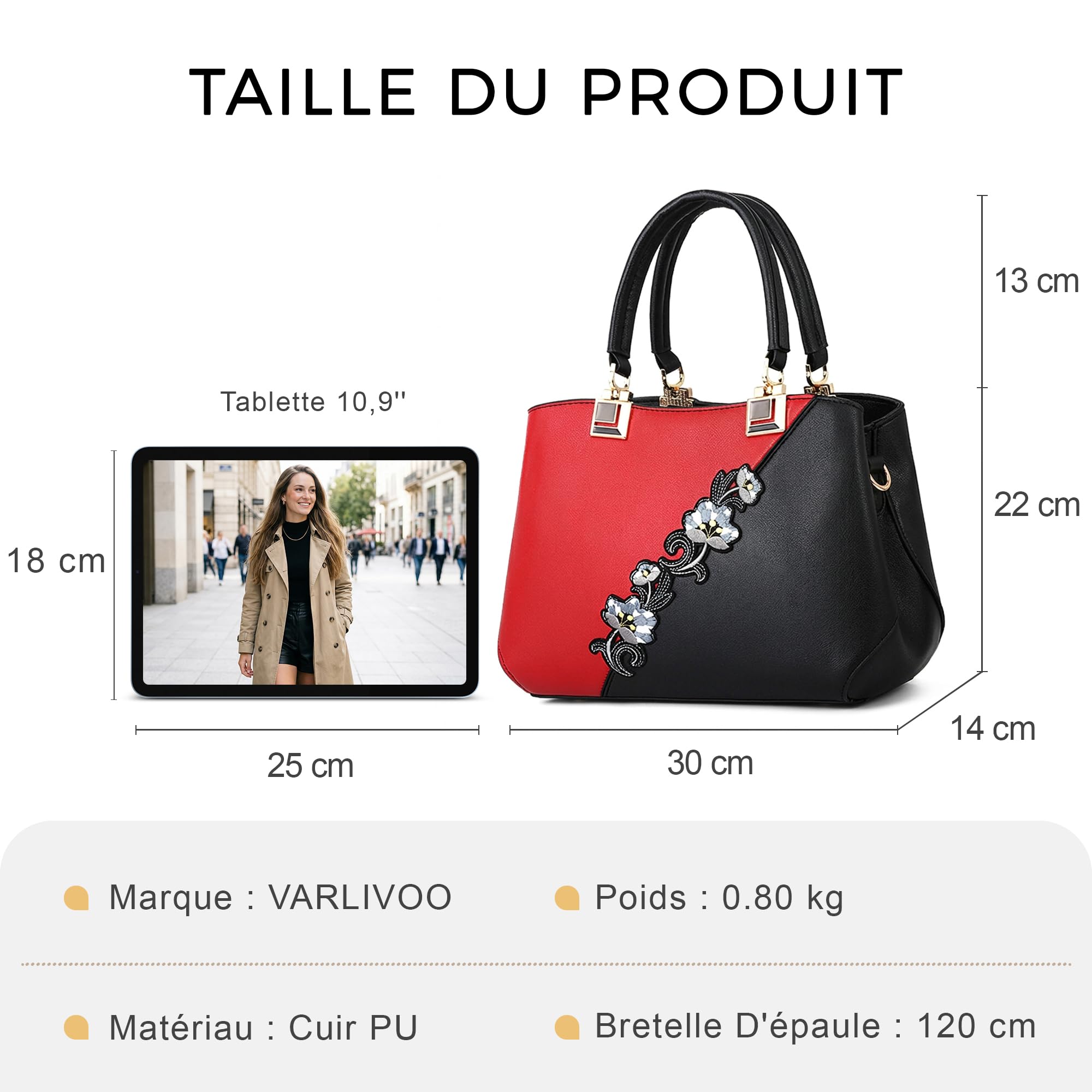 VARLIVOO Sac a Mains Femme Cuir PU Élégant Sac Bandouliere avec Broderie Florale Sacs à Main portés Main Classe pour Shopping Travail Voyage Fête Quotidien Rouge