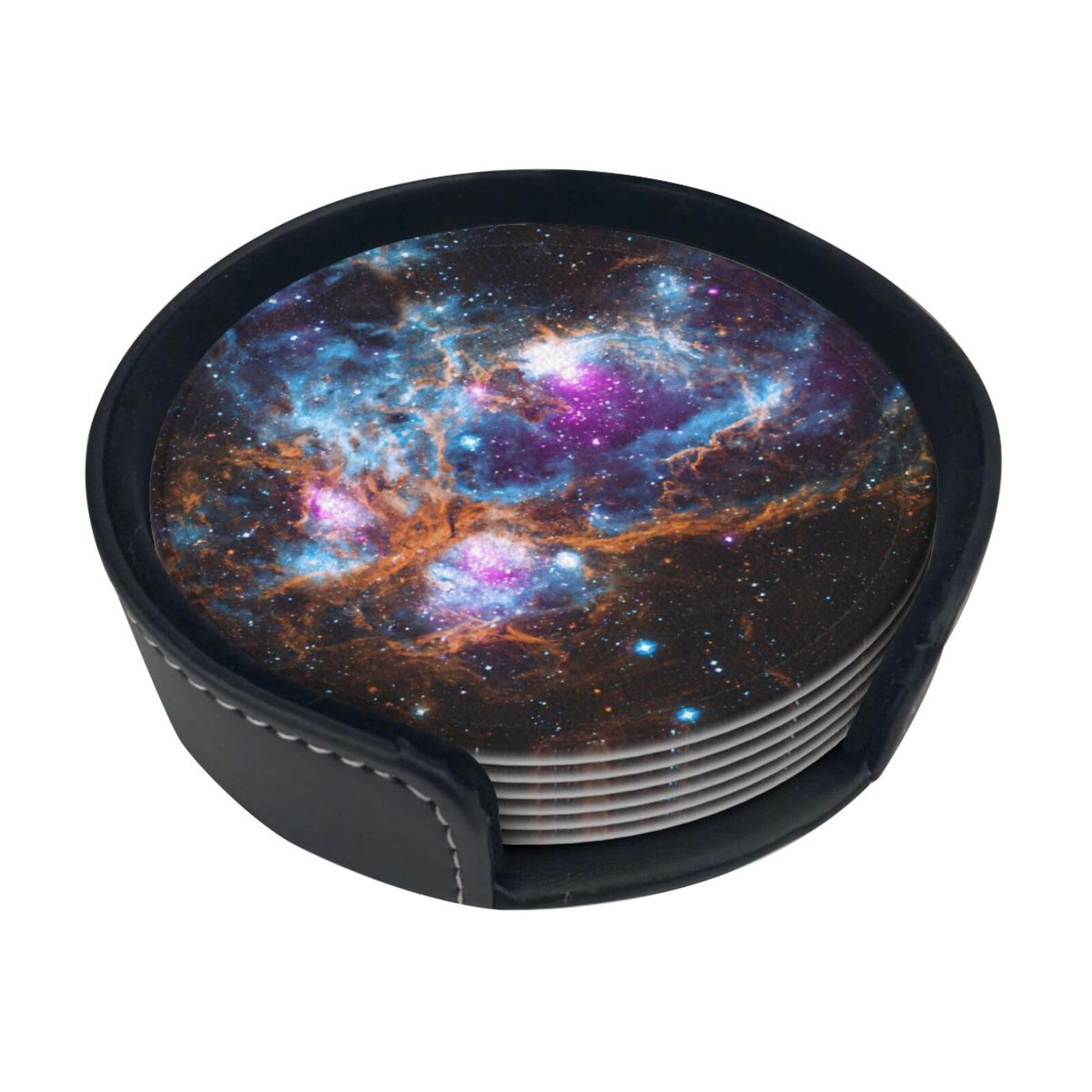 Universe Galaxy Space. Print Leather Coasters Set Of 6 With Holder,4 Inch Round Drink Coasters,Heat Resistant,Easy Clean For Home & Bar