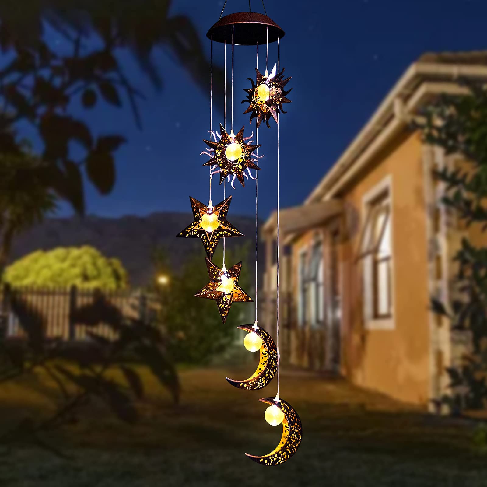 Tryme Solar Wind Chimes with Sun Moon Star Solar Powered Wind Chimes Warm LED Windchimes Hanging Outdoor Lights Unique Decor Gifts for Wife Mom Grandma Neighbors