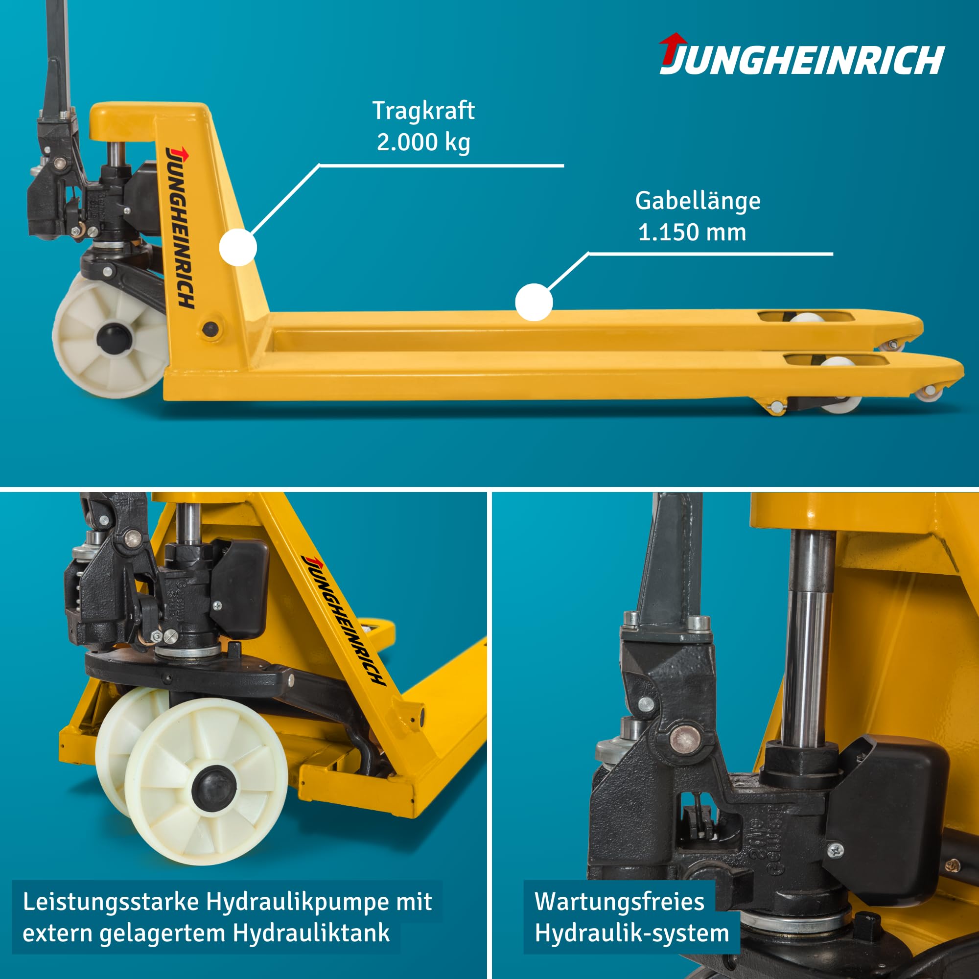 Jungheinrich Hubwagen AM | 2.000 kg Tragkraft | 1.150 mm Gabellänge | Lenkrad/Gabelrolle aus verschleißarmen Nylon | Einfach-Gabelrollen | Palettenhubwagen