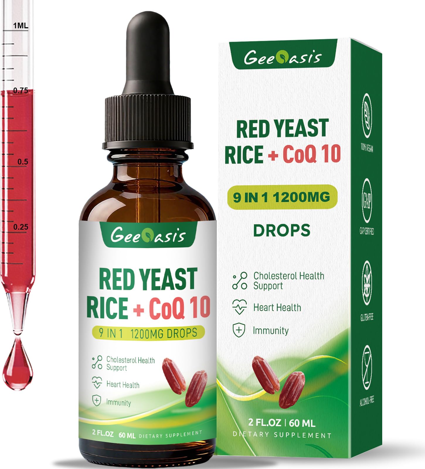 Liquid Red Yeast Rice with Coq10 Drops, Red Yeast Rice 1200mg Supplement with Citrus Bergamot, Turmeric Extract & Black Pepper, Cholesterol Health Support, Immune & Heart Support, 2 Fl Oz