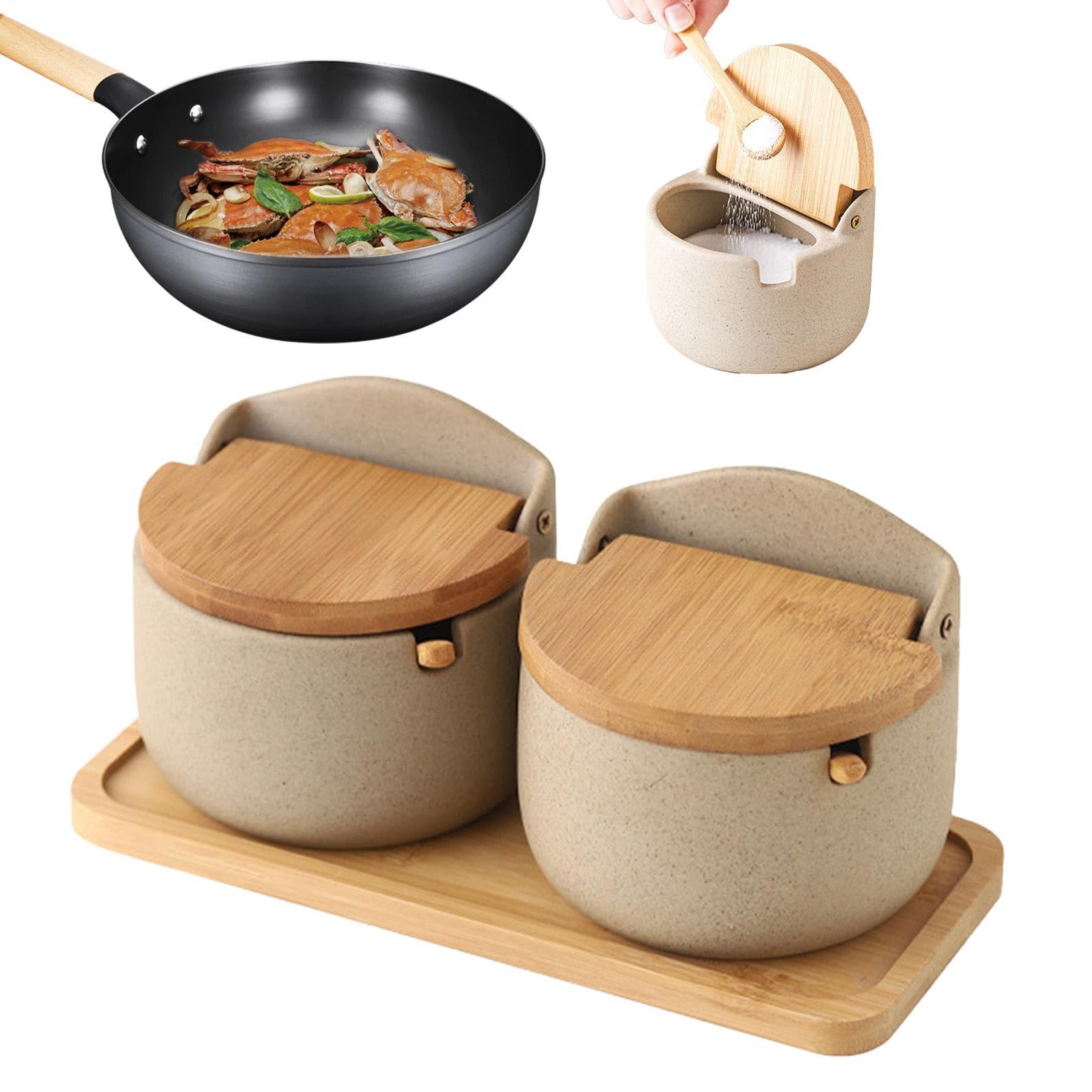 Salero – 2 saleros de cerámica con cuchara y tapa de madera