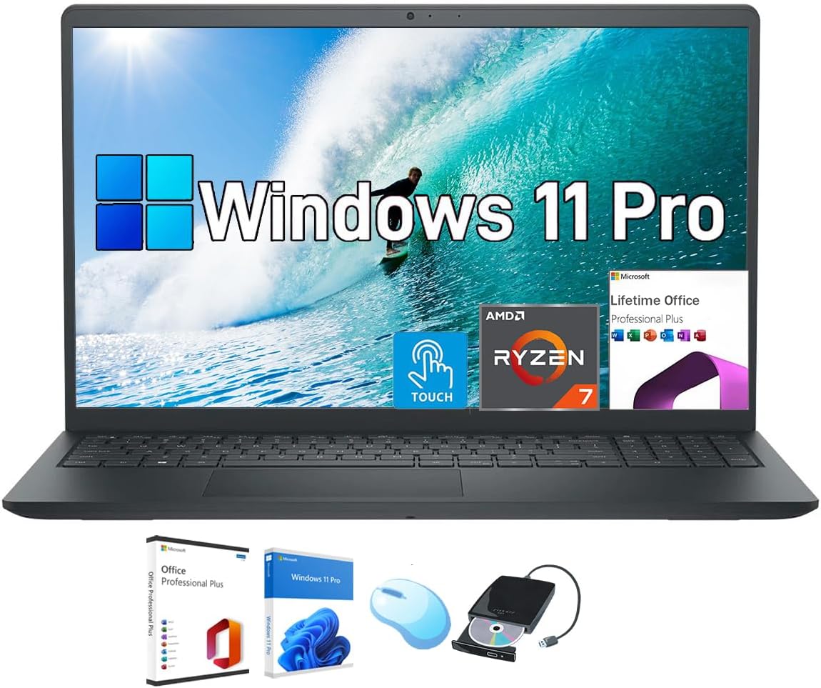 Dell Inspiron 15.6" Laptop with Touchscreen - 16GB RAM, 1TB SSD | Win 11 Pro, Office Lifetime License | 15.6'' FHD Display | AMD Ryzen-7 7730U(8-Core) | Long Battery Life