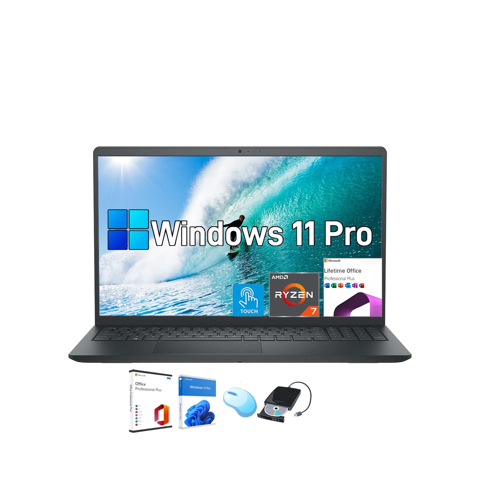 DELL Inspiron 15.6" Laptop with Touchscreen - 16GB RAM, 1TB SSD | Win 11 Pro, Office Lifetime License | 15.6'' FHD Display | AMD Ryzen-7 7730U(8-Core) | Long Battery Life