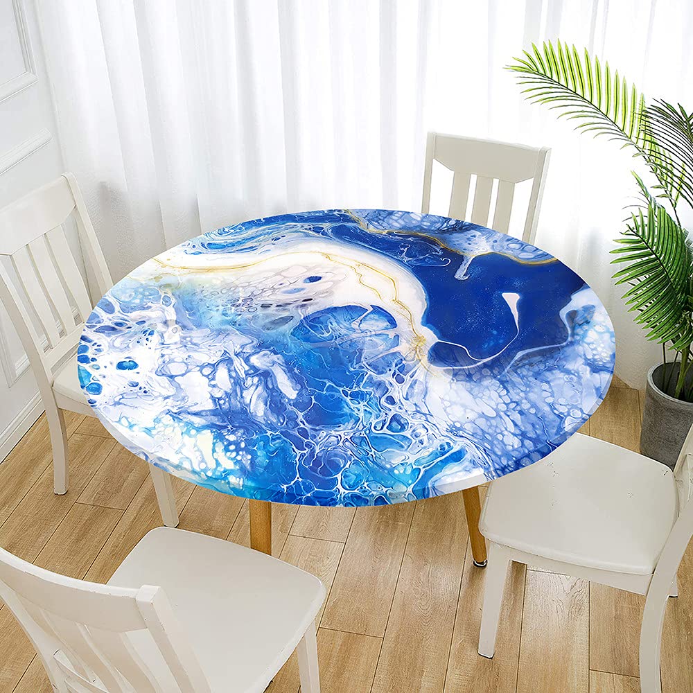 Morbuy Rondes Nappes Avec Bord Élastique, 3D Marbre Nappes Rondes Anti Taches Lavable, Imperméable Polyester Nappe De Table Marbre Imprimé Pour Cuisine Jardin Fête (Or Bleu,Diamètre 200cm