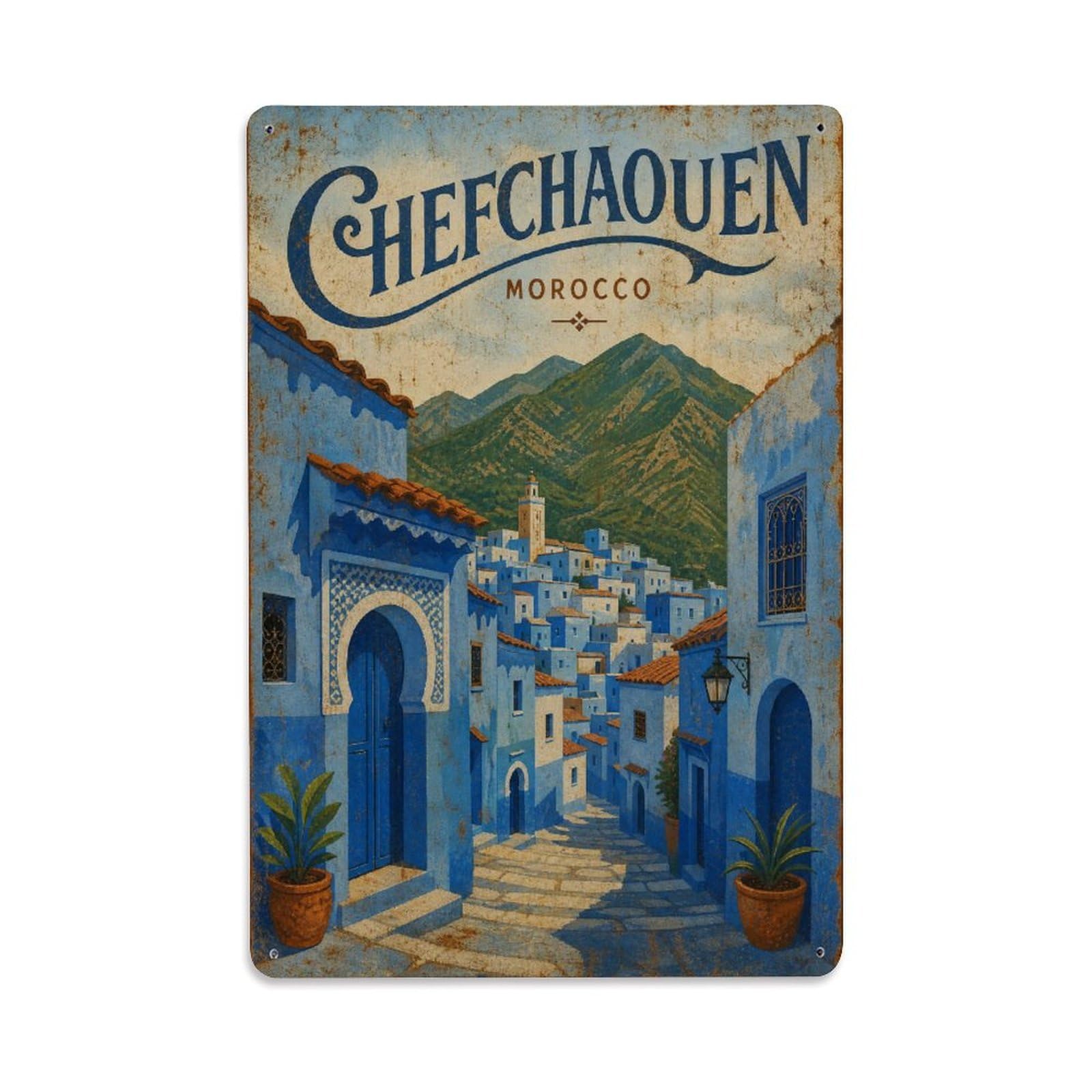 Metal Tin Sign Travel Vintage Morocco Chefchaouen