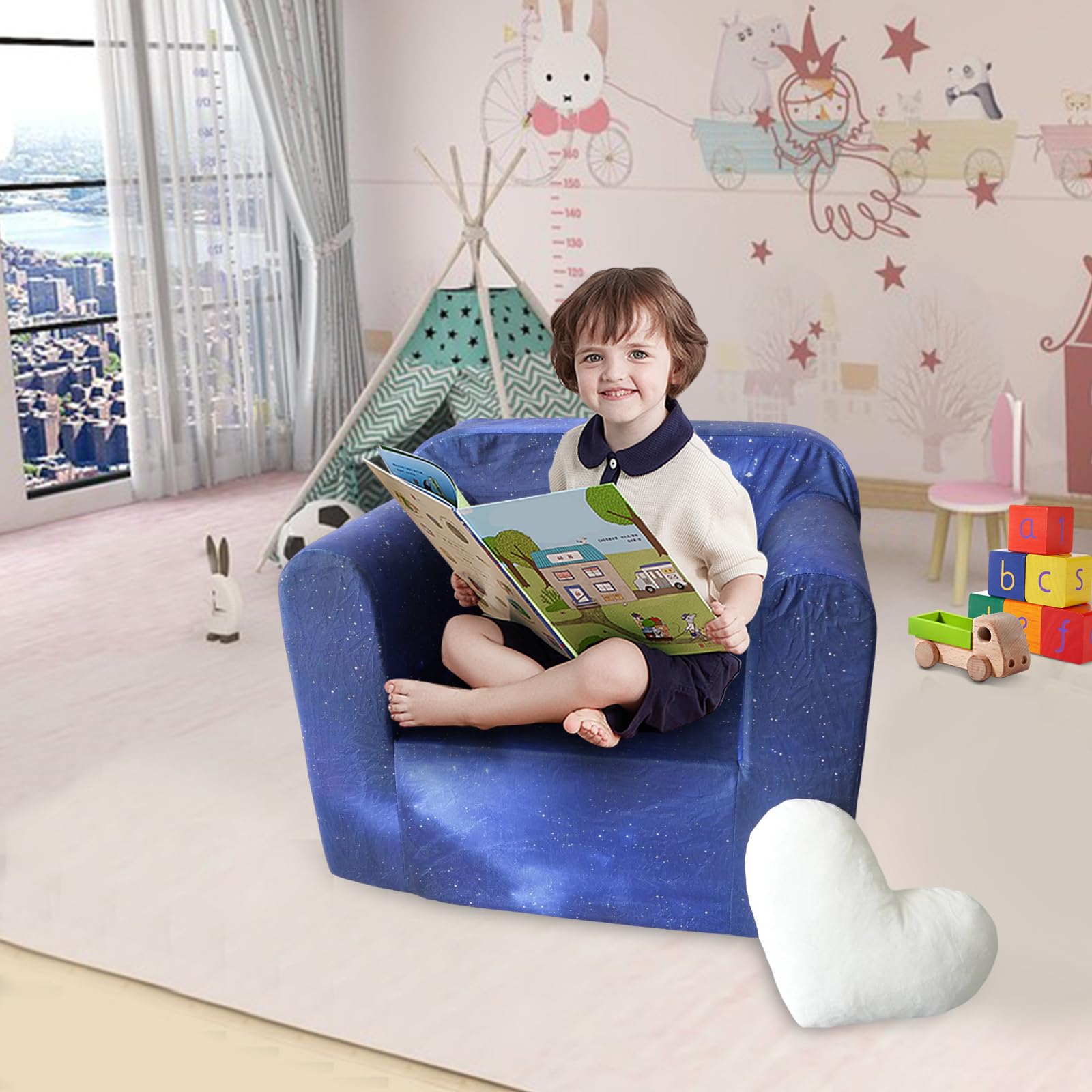 Whemyreat Children's Chair with Removable High Backrest, Blue Starry Sky, Ultra Soft Children's Sofa with Plush