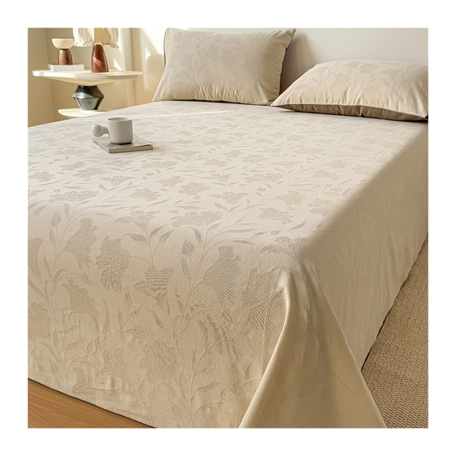 GBHMJU 100% Cotton Thick Flat Sheet Twin Full Queen Jacquard Machine Washable Breathable Top Sheet(Khaki B,230x250cm)
