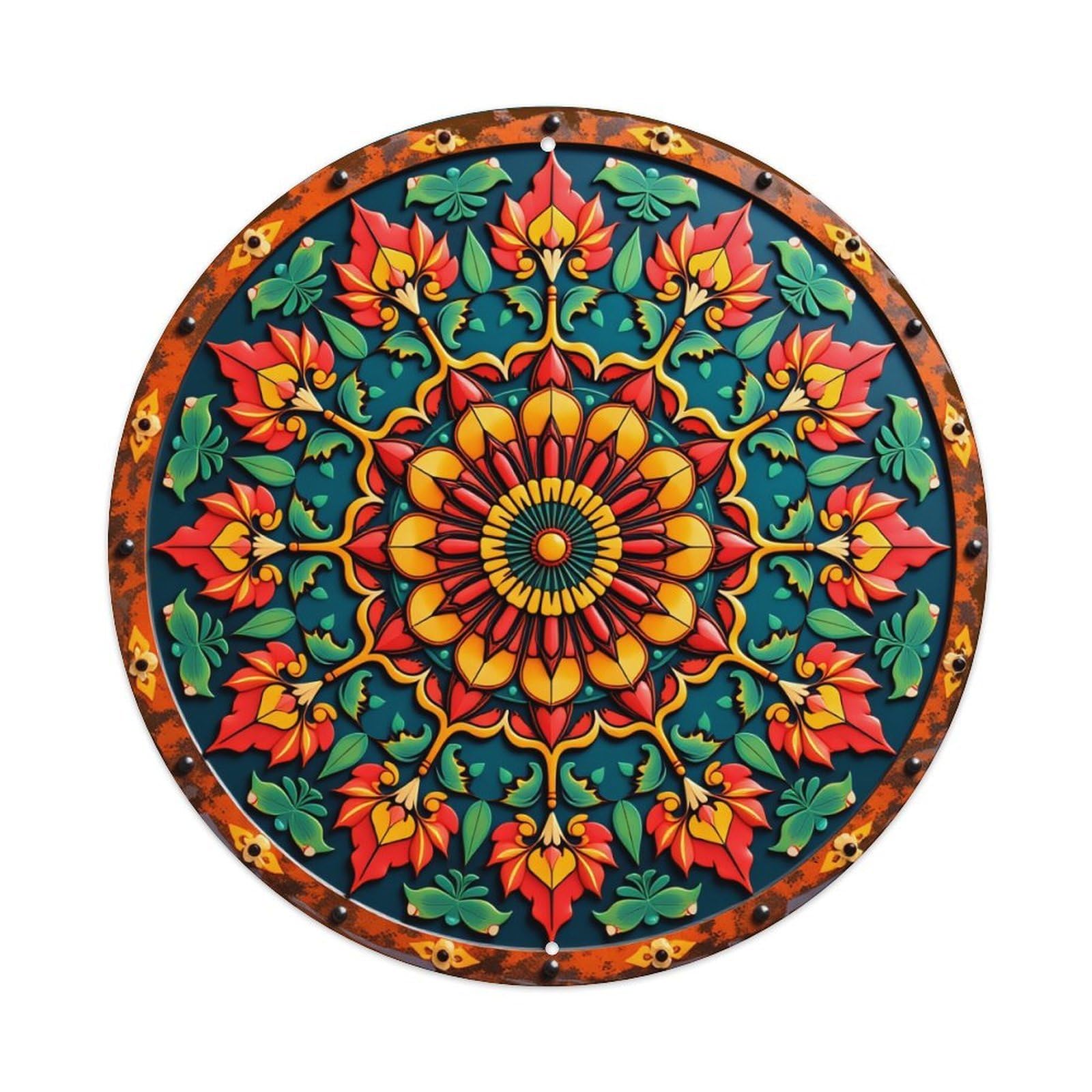 Floral Mandala Symmetrical Colorful Design Round Tin Sign Vintage Metal Sign Home Bar Garden Indoor & Outdoor Wall Decor Retro Metal Poster 8x8 Inch