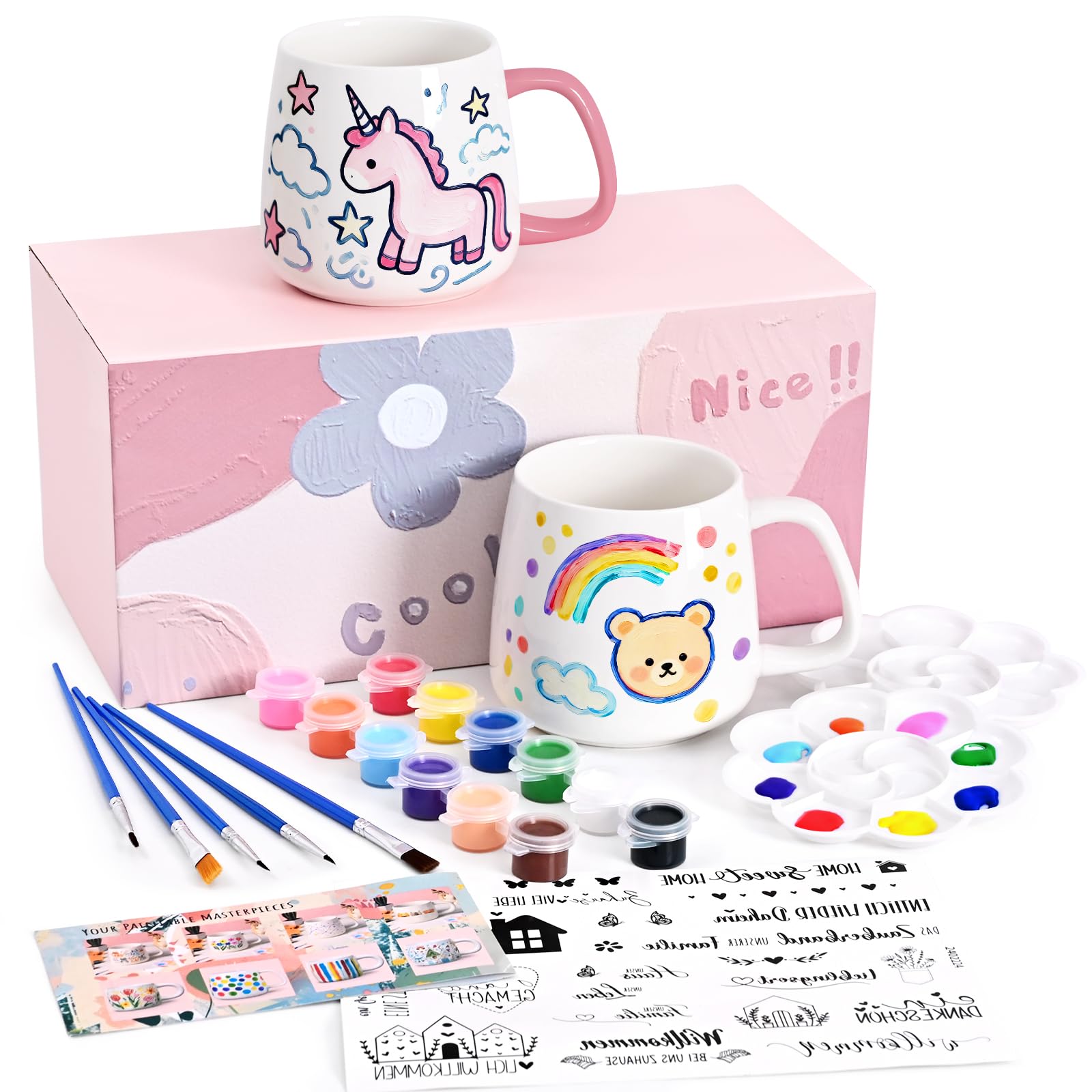 Joymaking Paint Your Own Mug Set Pottery Painting Kit Includes Mugs, Brushes, Paints and Tattoo for Mug Ceramic Painting Kit for Adults Child Ceramic Art and Crafts Paint Set, 2 Pack