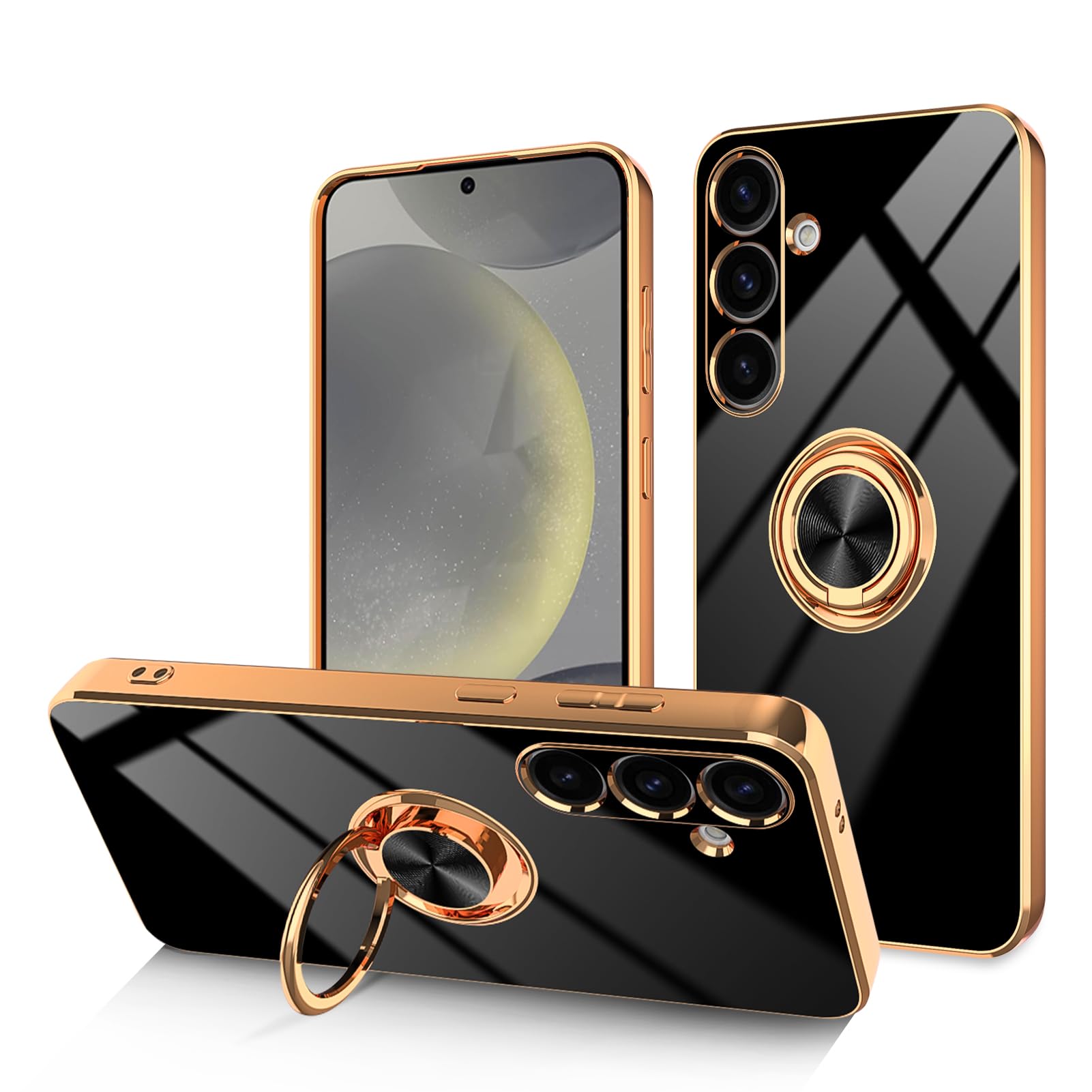 Dinick Black for Samsung Galaxy S24 Case with Ring Holder Kickstand [with Magnetic] Soft TPU Bumper, Glitter Gold Electroplated Cover Slim Thin