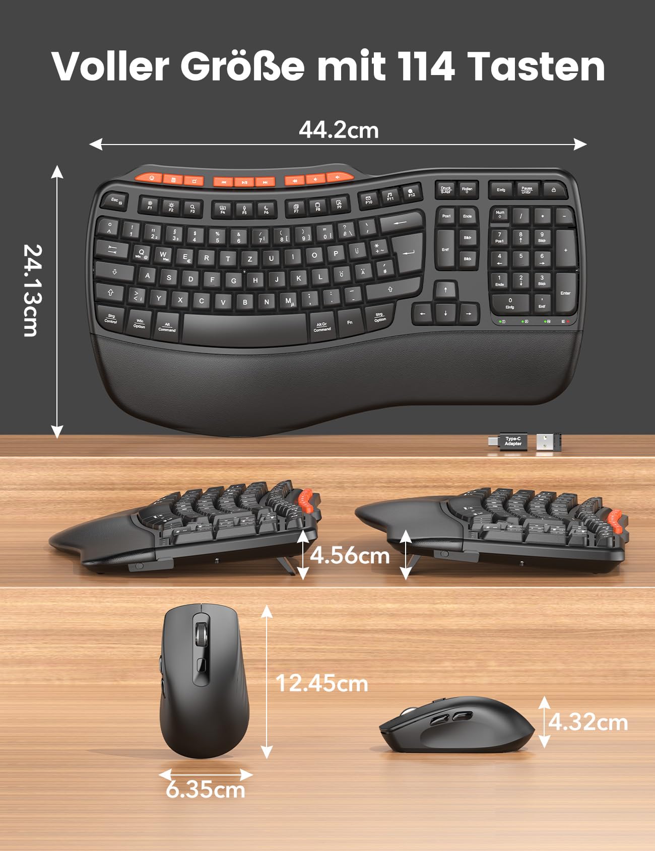 Tastatur Maus Set Kabellos, 2,4GHz Wave Tasten in Voller Größe, Ergonomische Tastatur mit Gepolsterte Handballenauflage und 4 Neigungswinkel, 3 DPI Maus für Windows/Mac OS/Desktop/Laptop/PC - MA31