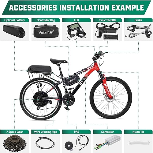 Miniatura 7 de Voilamart 26" Electric Bicycle Conversion Kit 48V 1000W Ebike 100mm Front Hub Motor Wheel Kit E-Bike Conversion Kit with Intelligent Controller PAS