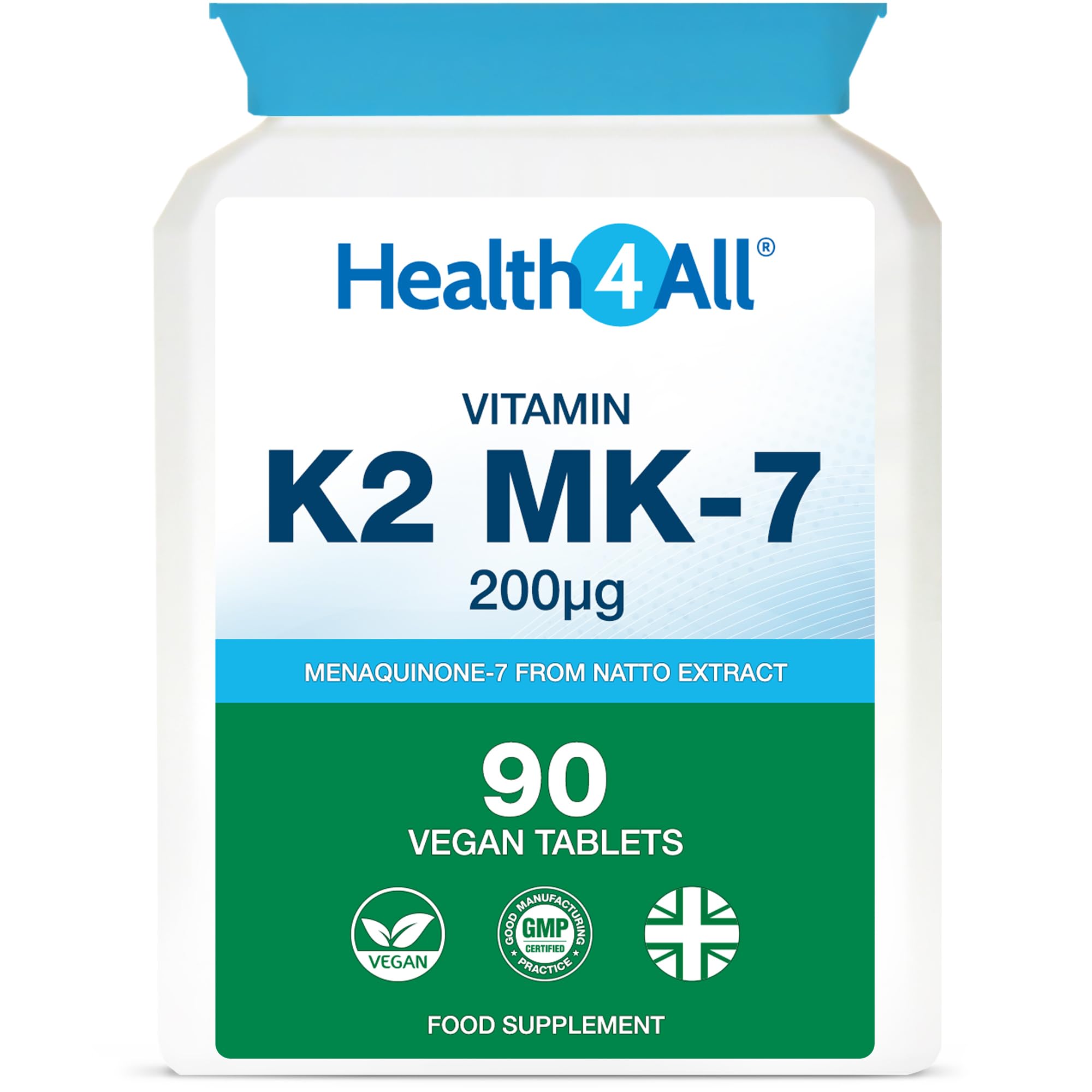 Health4All Natural Vitamin K2 MK7 200mcg from Natto, 90 Tablets 3 Months Supply, All-Trans MK-7 from Natto Beans Fermentation, High Strength VIT K2 Vitamin Supplement, Vegan Menaquinone | Made in UKHealth4All Natural Vitamin K2 MK7 200mcg from Nat…