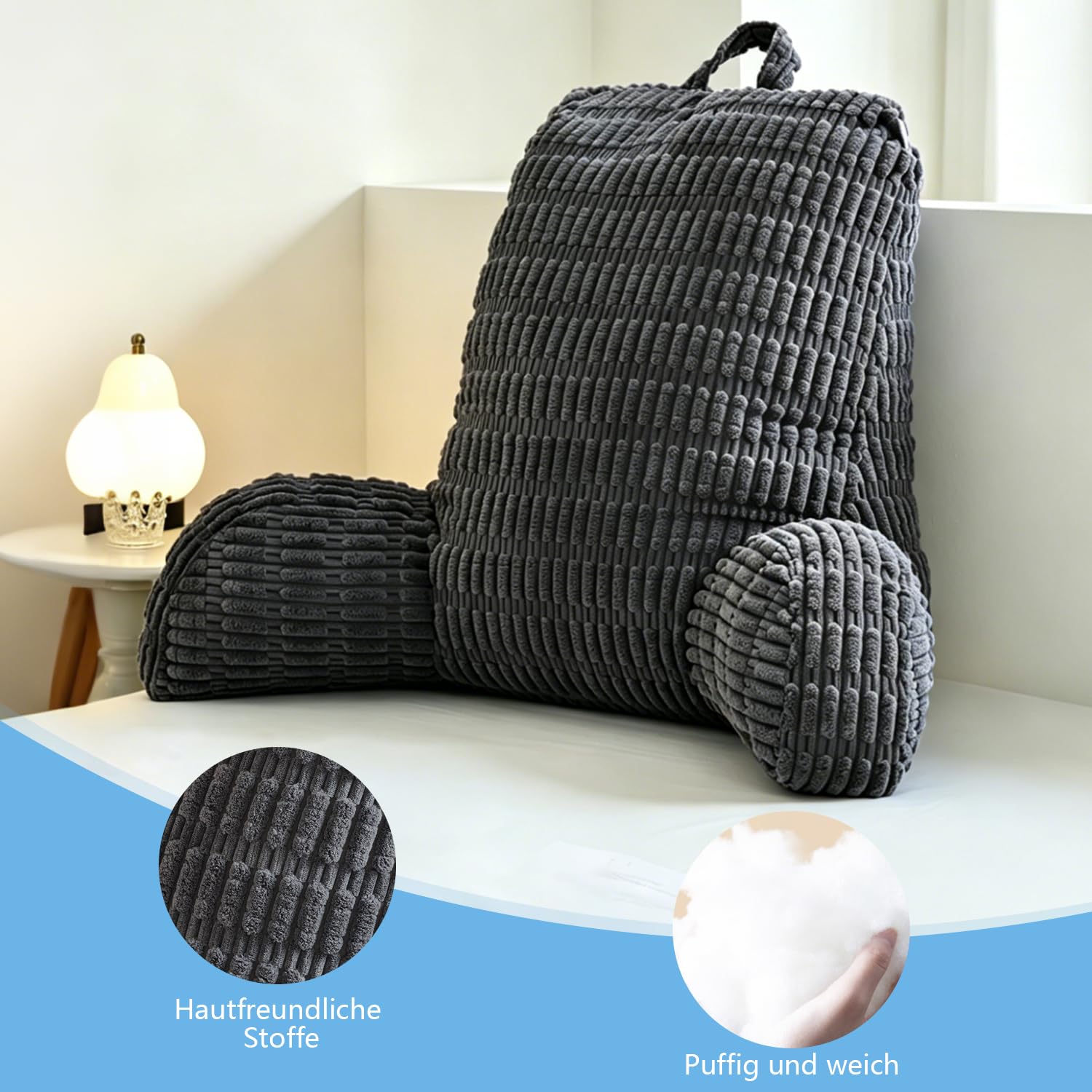 Cojín de lectura para cama y sofá, cojín lumbar lavable con reposabrazos lateral y bolsa de almacenamiento, cojín ergonómico y cómodo para TV, lectura y juegos móviles (80 x 55 cm, gris