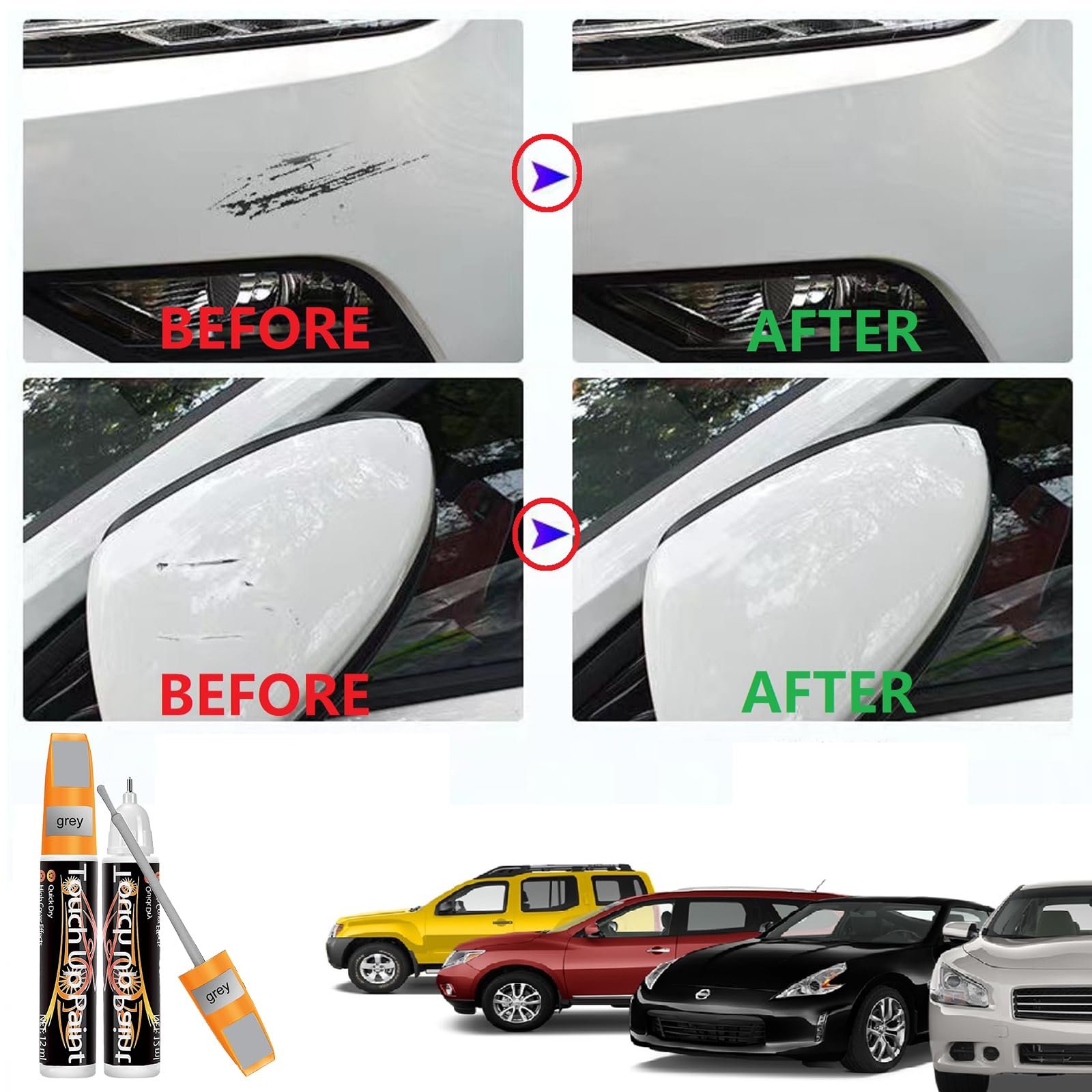 Penna Ritocco Carrozzeria,Pennarello Copri Graffi Auto,Riparazione Graffi Cerchioni Auto 2 in 1,Penna per Ritocco Auto,Penna per Riparazione Graffi Auto,Adatto Riparare le Superfici Dell'auto,Grigio