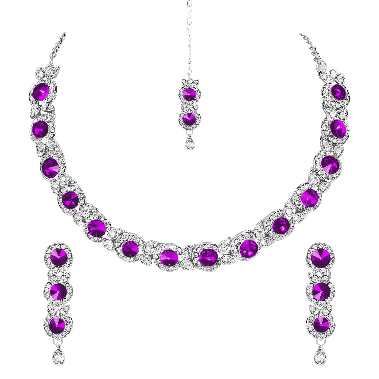 MAAYERI Jewels Minimal Rhodium Plated Purple Set Of Necklace With Earrings & Maang-Tika For Women (B0B2WX9LHJ) Amazon Price History, Amazon Price Tracker