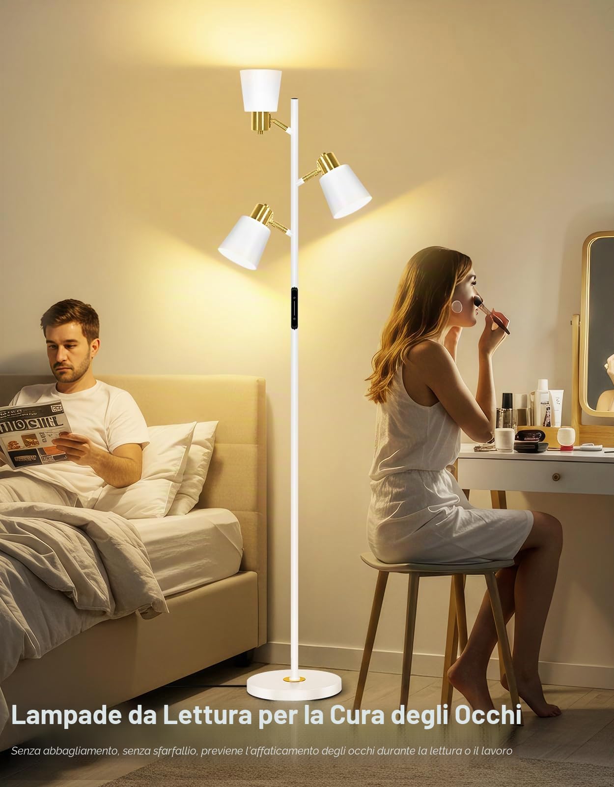 OUTON Lampada da Terra LED Dimmerabile con Telecomando e Controllo, Bianco | Touch, 36W 2700LM, 4 Temperature di Colore, 3 Luci Rotanti, Lampade da Terra moderna per Soggiorno, Camera da Letto, Ufficio
