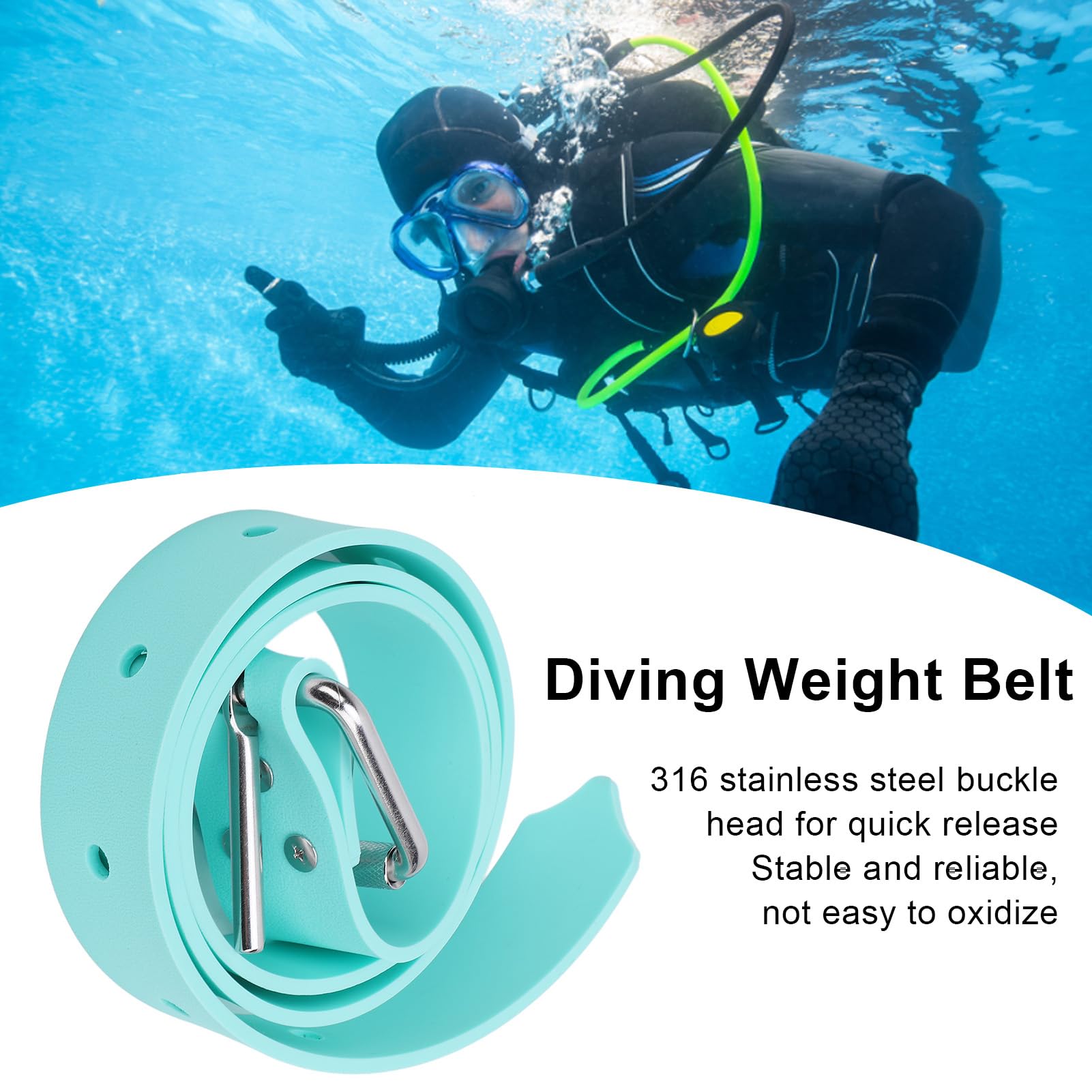 equlup Safe Diving Weight Belt 1.3 Meters Adjustable Silicone Freediving Weight Belt with Quick Release Buckle for Scuba Diving Spearfishing (Mint Green)