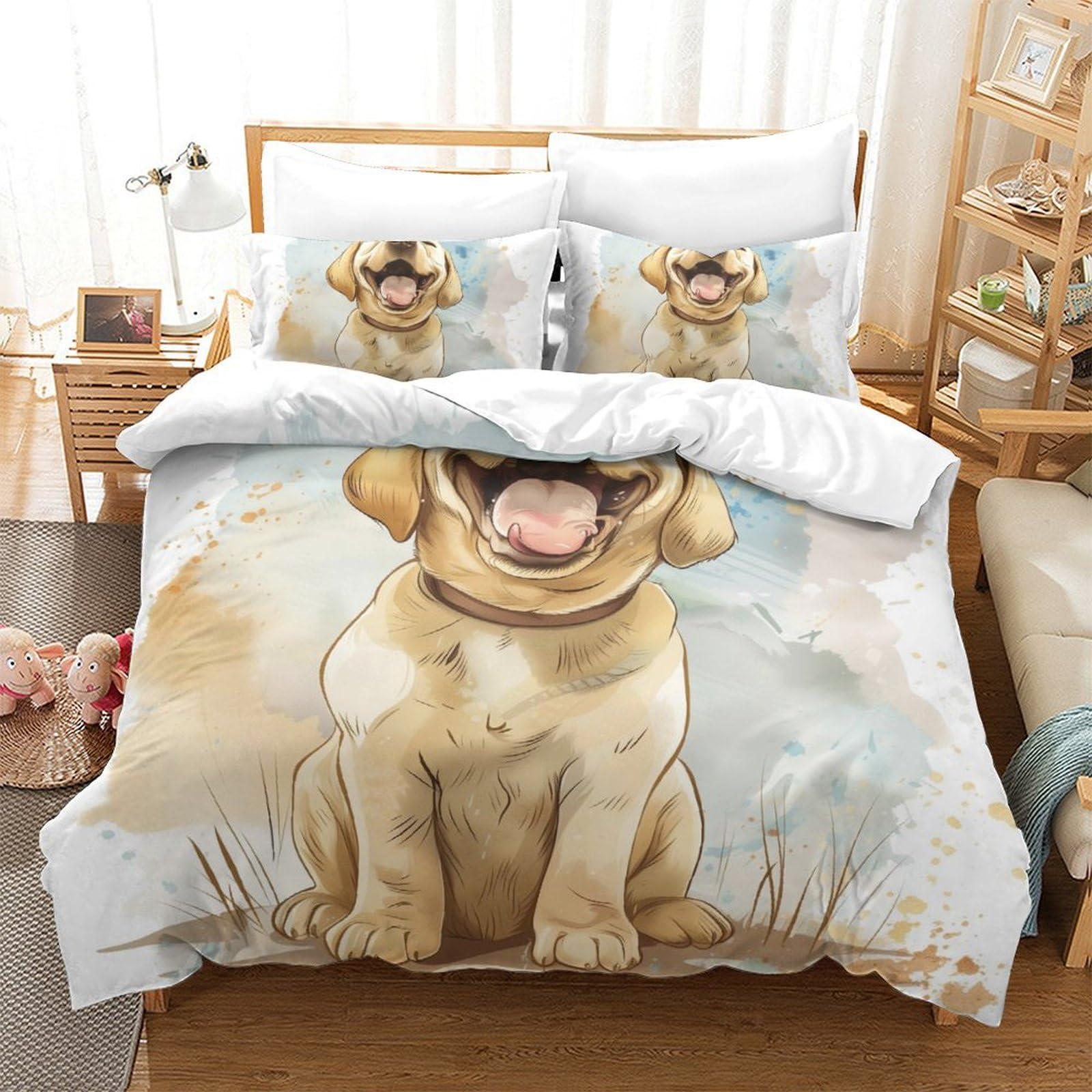 Housse couette anti acarien fermeture éclair lit 2 personnes motif chien 3D