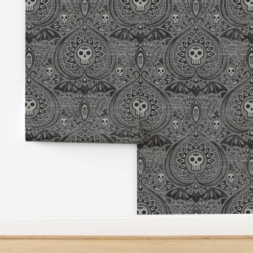 Spoonflower Removable Wallpaper 3ft x 2ft - Black Dark Gothic Skulls Damask Halloween Spooky Custom Pre-Pasted Wallpaper