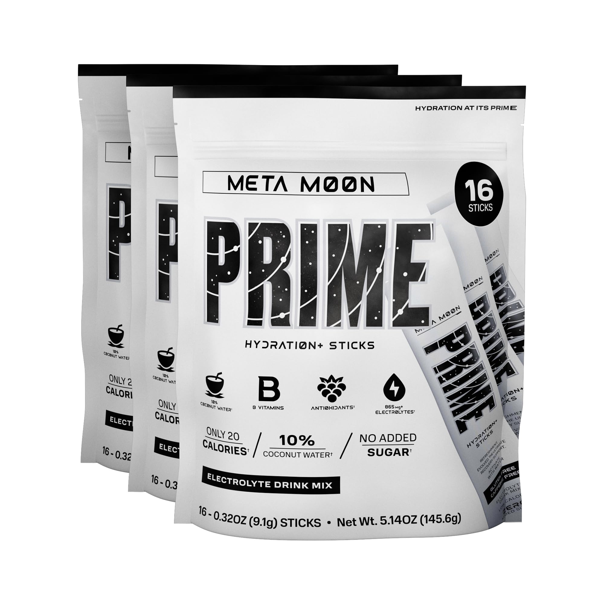PRIME HYDRATION+ Sticks META Moon | Hydration Powder Single Serve Sticks | Electrolyte Powder On The Go | 250mg BCAAs, B Vitamins, Antioxidants | Low Sugar | Caffeine-Free | Vegan | 48 Sticks