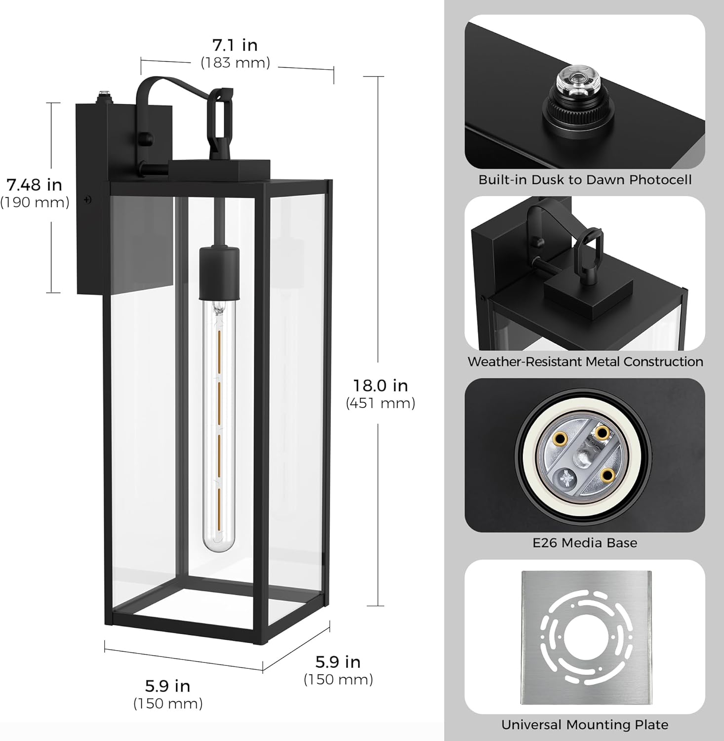 L LOHAS LED 2 Pack 18 Inch Large Size Dusk to Dawn Outdoor Light Fixture, Matte Black Waterproof Anti-Rust Porch Lights Ourdoor, Exterior Lighting Fixtures for Porch, Doorway, Garage, ETL Listed
