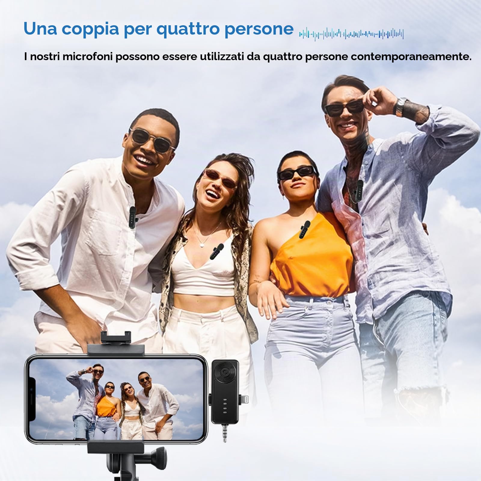 Microfoni Lavalier wireless con display a LED, confezione da 4 microfoni Lavalier con clip per accoppiamento automatico, mini microfono con riduzione del rumore per registrazione video Vlogging TikTok